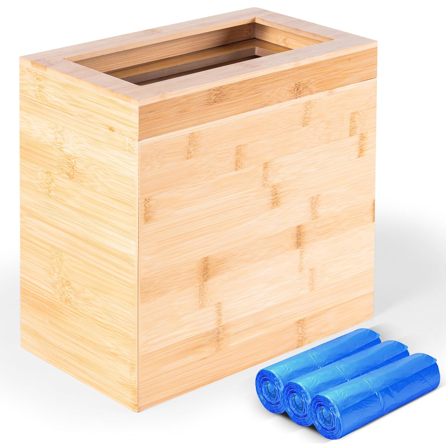 Bamboo Wooden Trash bin with Bin Liner Built-in Frame and Premium Lid - Wooden Bathroom Trash can, Bamboo Wastebasket for Bathroom, Bedroom, Living Room, Kitchen or Office