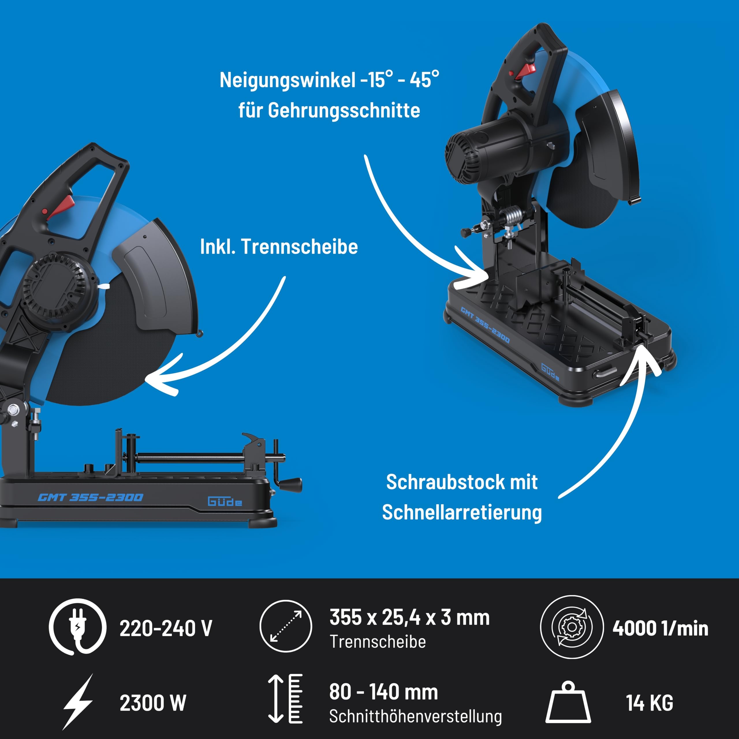Güde GMT 355-2300 Metalltrennsäge - 230 Volt, 2300 Watt, 4000 Umdrehungen pro Minute, Schnittleistung 78 bis 140 Millimeter je nach Form, Trockenschnitt für Profile und Rohre