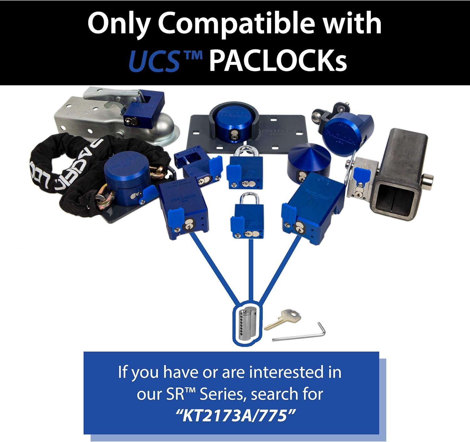 PACLOCK's UCS-7A/775 Hasp and Puck Combo Kit, High Performance 6-Pin Cylinder, One Lock Keyed to a Number U-Pick! w/ 2 Keys, Blue Anod. Puck, Double Coated White Hasp