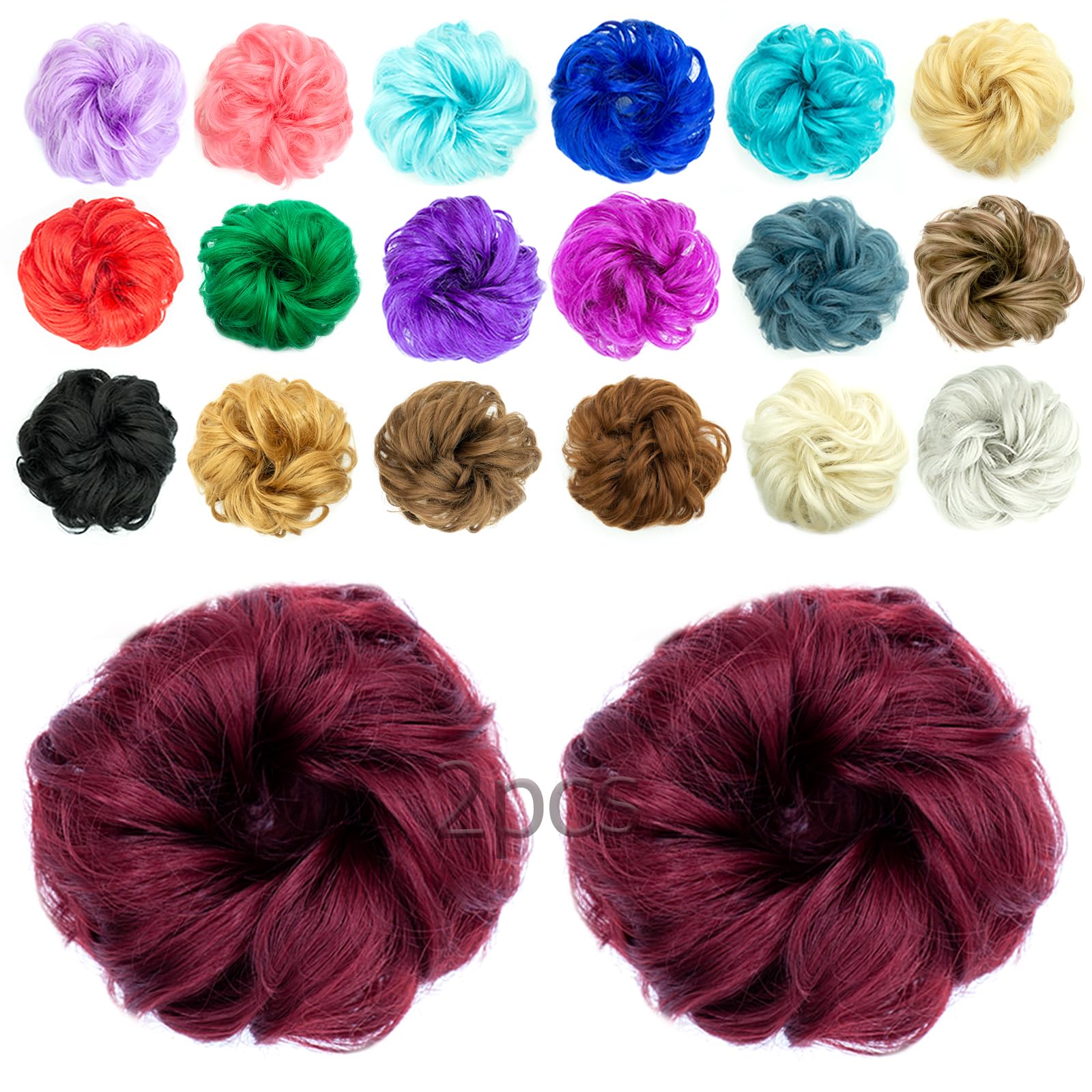 QTHQTFL 2pcs Messy Bun Hair Piece Scrunchie Hair Bun Hair Pieces for Women Girls Elastic Rubber Band Curly Wavy Synthetic Hair Bun Scrunchies Ponytail