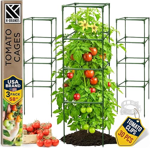 3 Pack 58" Square Tomato Cages for Garden - Large Tomato Trellis Stakes | Heavy Duty ,Plant Support Stakes for Vegetables , Potted Plants, Raised Garden Bed , and Outdoor Climbing Plants