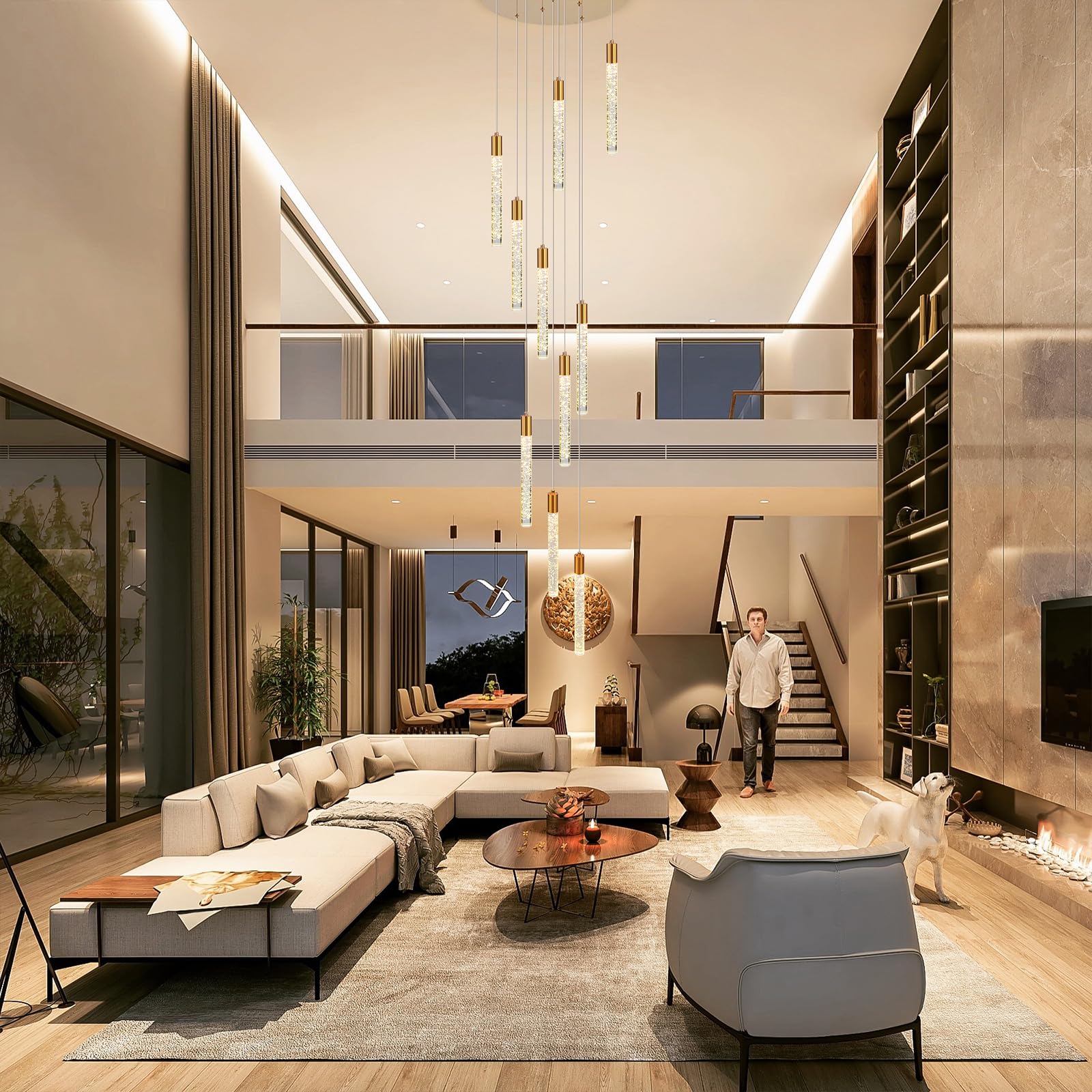 Qcyuui Gold Kristall Pendelleuchte, Dimmbare LED Treppenhauslampe | Modern-Minimalistische Deckenleuchte für Hohe Decken, Wohnzimmer und Esszimmer,Extra Groß und Höhenverstellbar