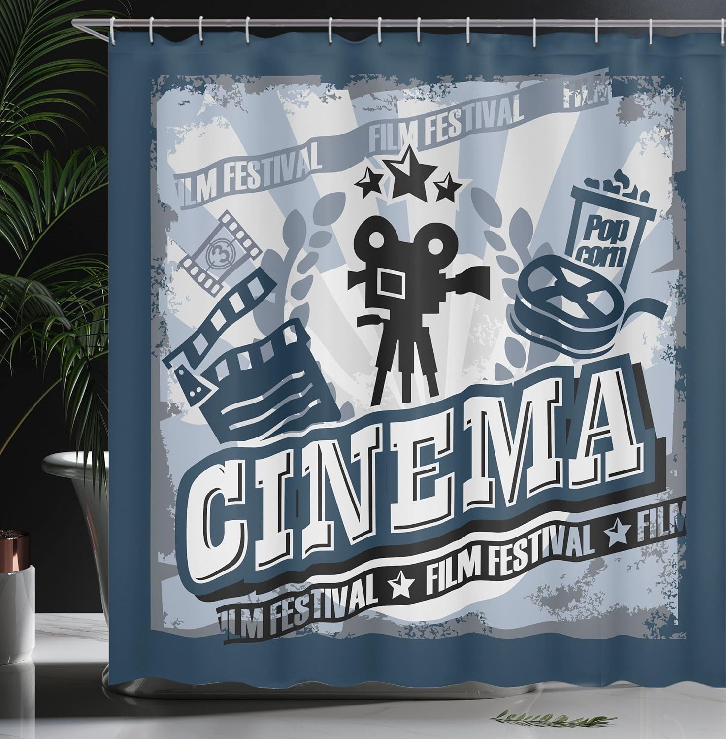 Ambesonne Movie Theater Shower Curtain, Vintage Cinema Poster Design Grunge Effect and Old Fashioned, Cloth Fabric Bathroom Decor Set with Hooks, 69" W x 70" L, Blue Black Grey