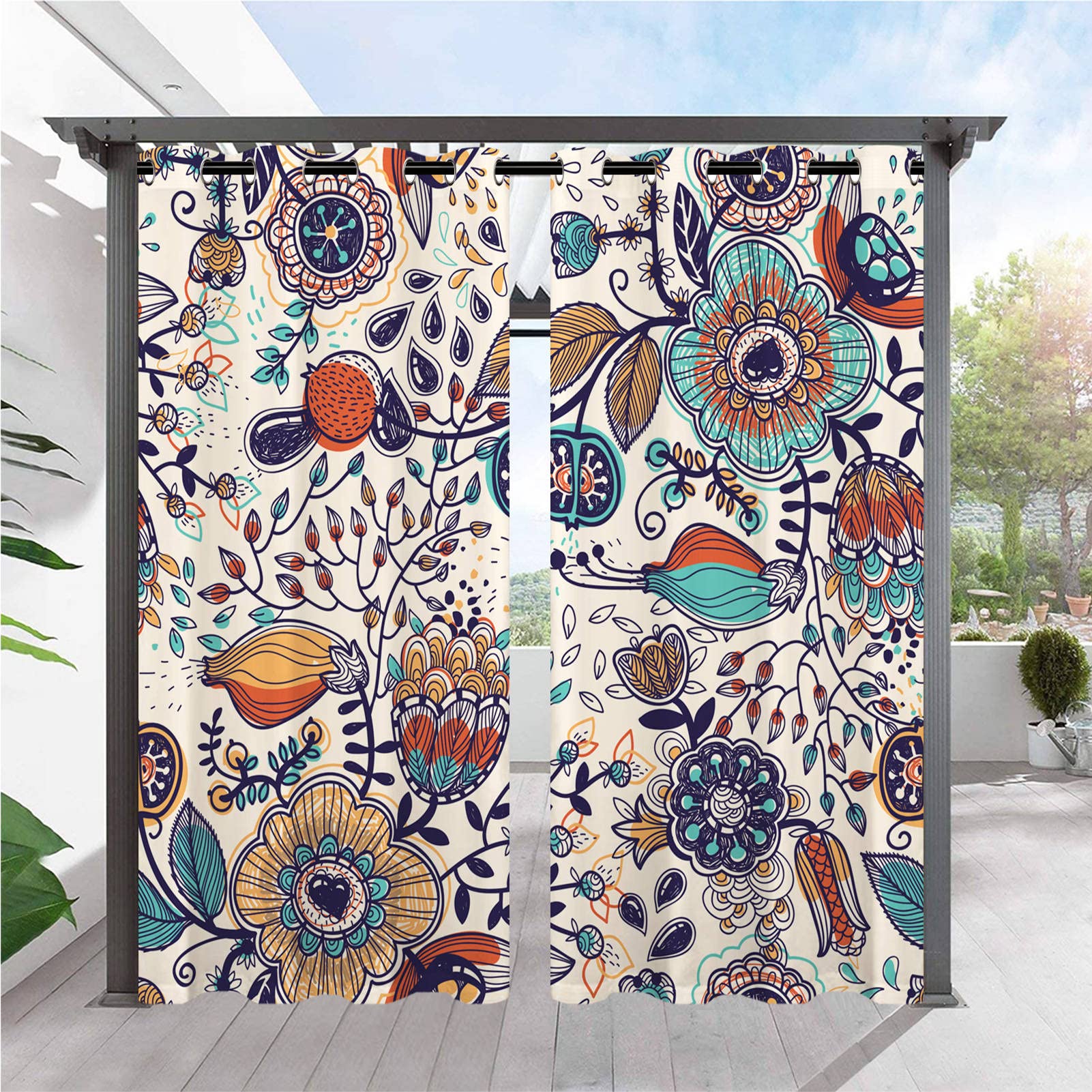 ANHOPE Rideaux D'extérieur Imperméable Rideau Extérieur avec Oeillet Rideaux Imprime Abstrait Tropical Plante Fleur Rideau pour Pergola Terrasse Jardin Balcon 132L X 214H cm (2 Panneaux)