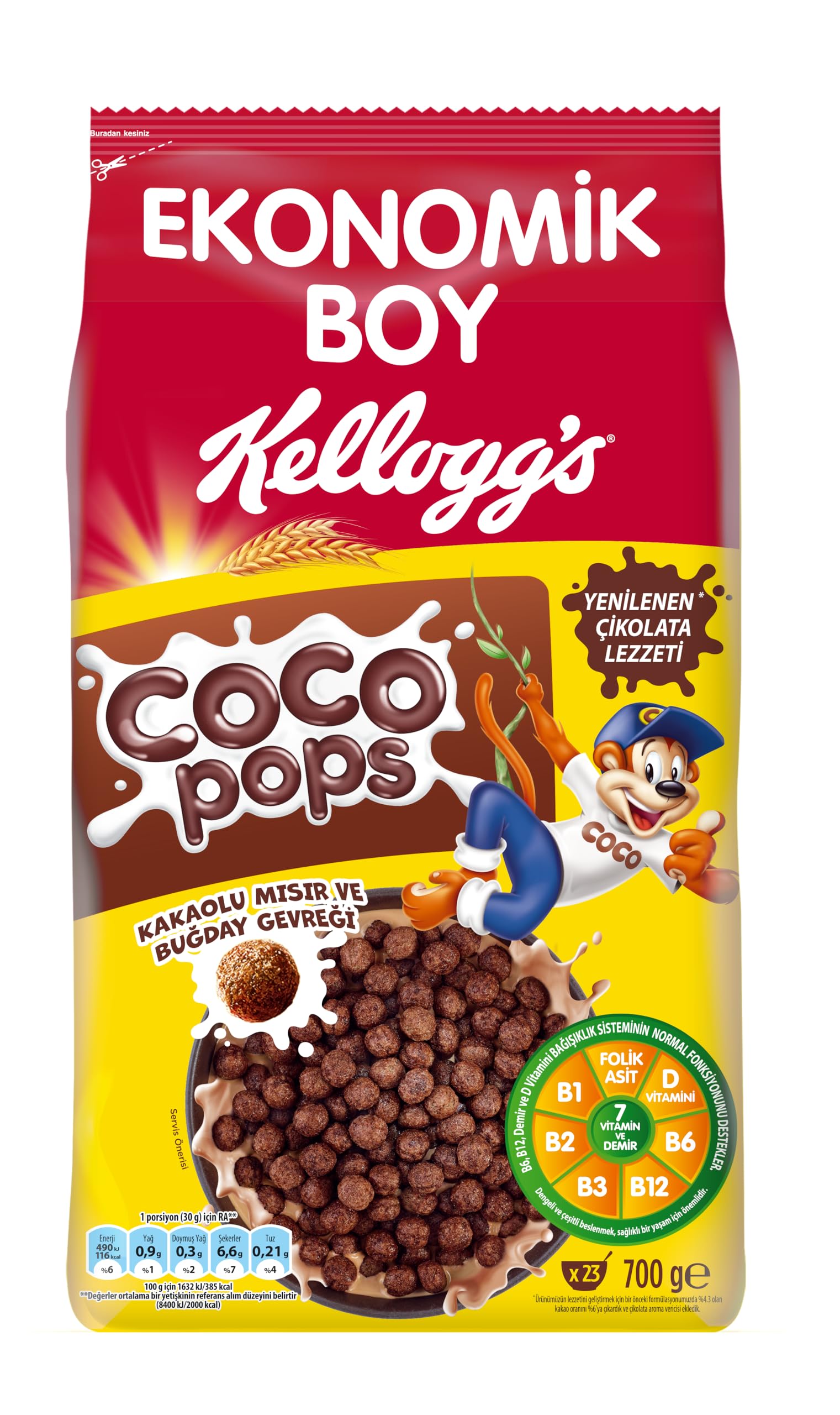 Kellogg's Coco Pops Çikolatalı Buğday ve Mısır Gevreği 700 gr, Lif, Demir ve 6 Vitamin Kaynağı, %100 Pancar Şekeri, D vitamini, Kalsiyum, Folik Asit ve Demir İçerir