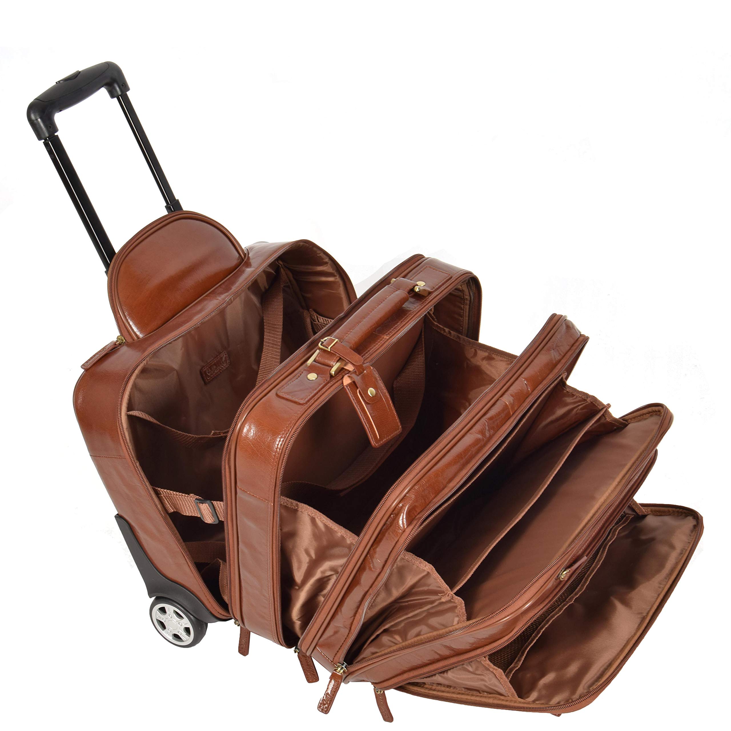 Borsa da viaggio in vera pelle con manico telescopico HOL15, castano, L, Custodia pilota con ruote