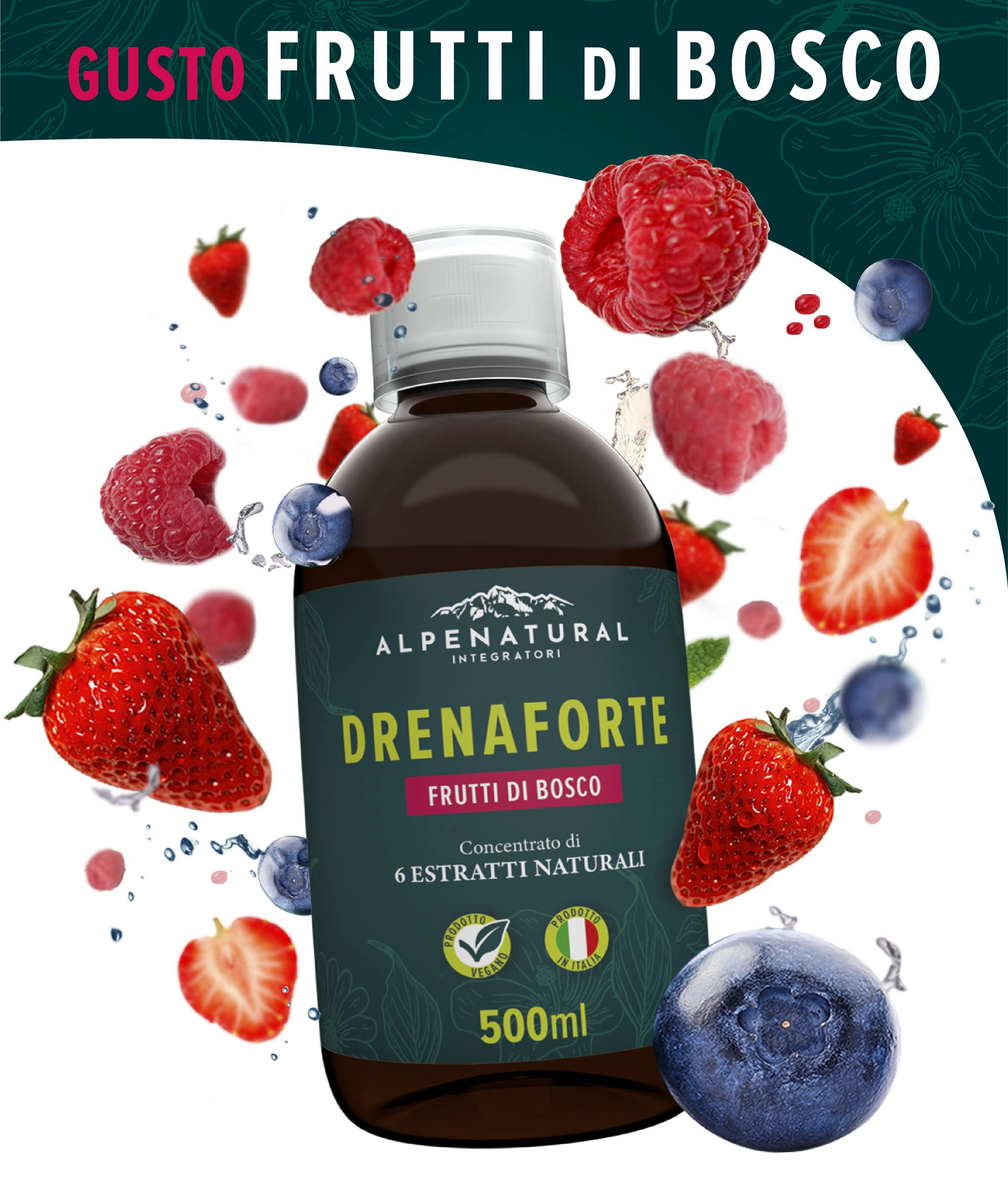 Drenaforte | Drenante Forte, Concentrato di 6 Estratti Naturali, Drenante, Diuretico, Detox, Depurativo Naturale, Ritenzione Idrica | Frutti di Bosco, Vegano, 500 ml