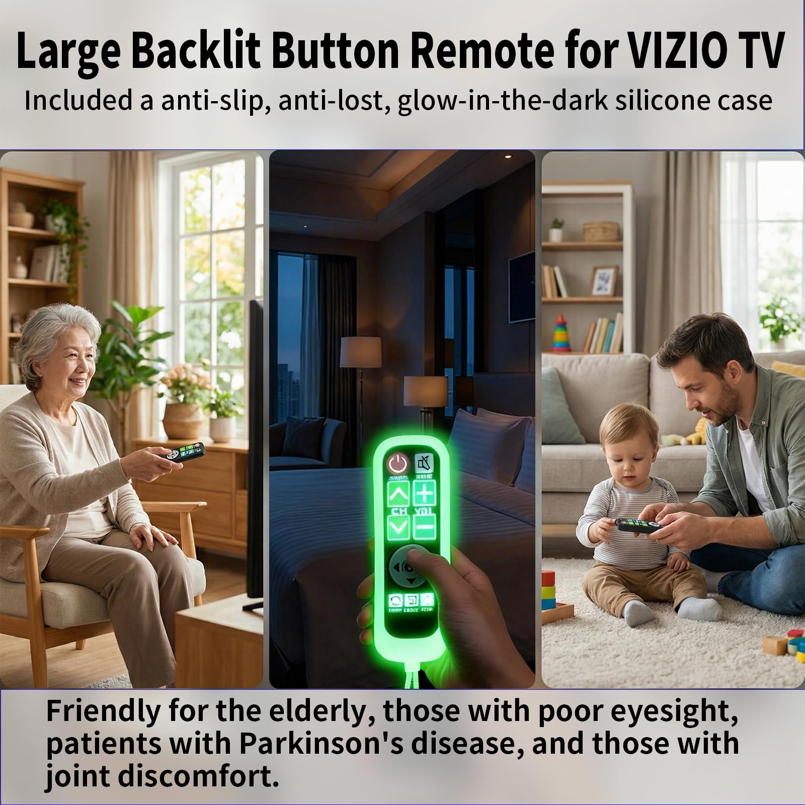 Telecomando di ricambio per TV Vizio TV con grande pulsante retroilluminato con copertura e gancio, telecomando universale, nessuna configurazione per anziani con problemi di vista, pazienti