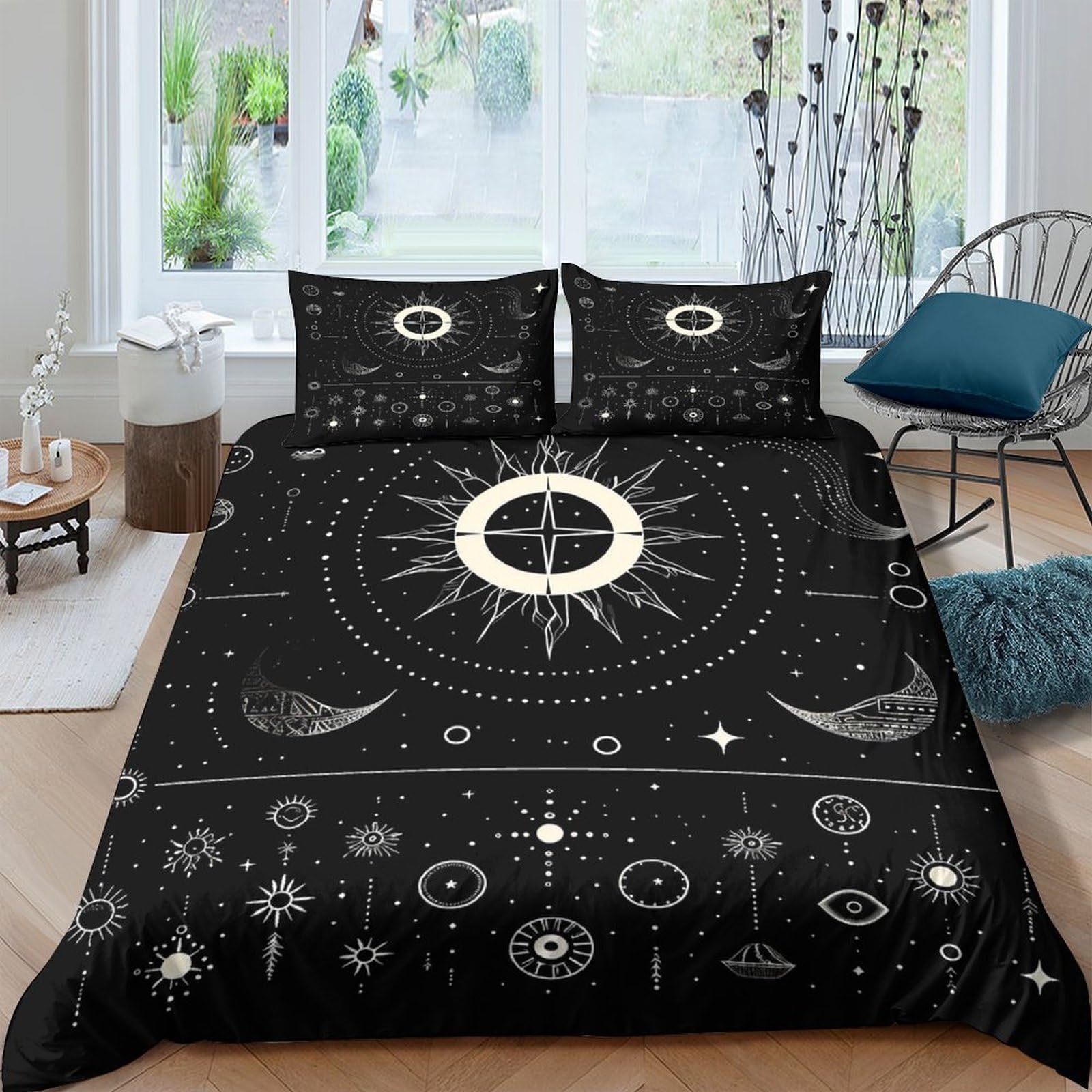 Ctjqhvkz Style-2 3D Printed Celestial Compass Fitted Sheet Microfiber Black Moon Star Mattress Cover For Bedroom Decor Dorm Guest Room Single（135X200cm）