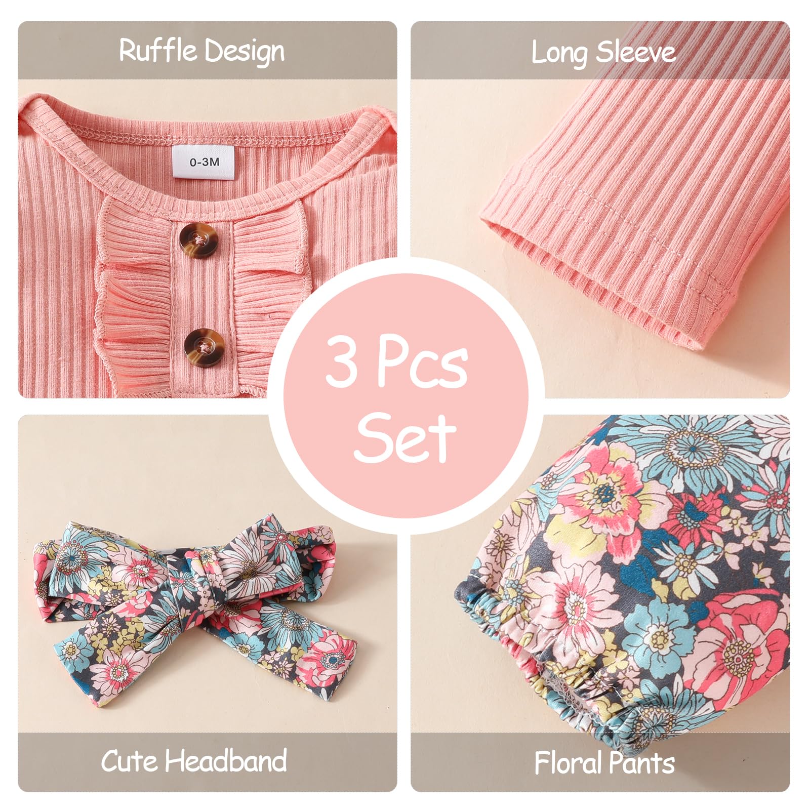 Vetement Bebe Fille Nouveau-né Barboteuse à Volants Manche Longue + Floral Pantalon + Bandeau+ Chapeau Ensemble Tenues d'automne 0-18 Mois