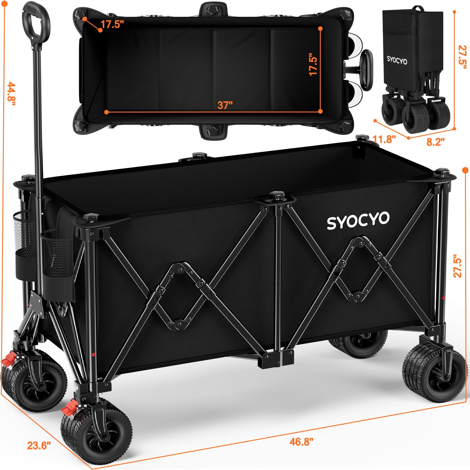 Collapsible Wagon Carts 570LBS Weight Capacity Foldable Beach Wagon with Big All-Terrain Wheels 330L Heavy Duty Utility Carts with Cup Holders for Camping, Garden, Sports, Grocery Black