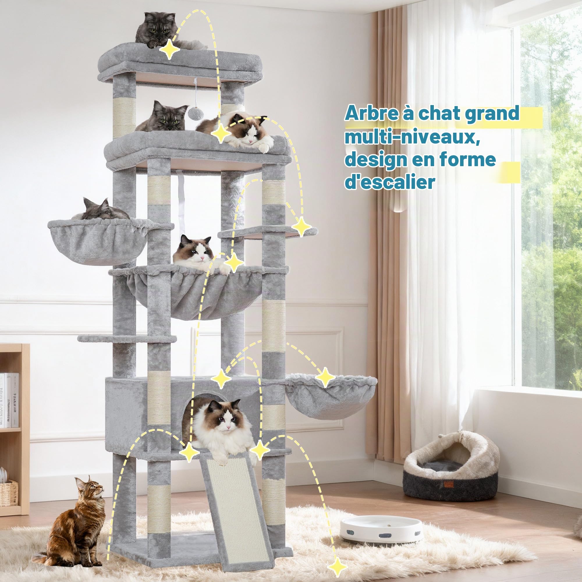 Hey-brother Arbre à Chat Stable 182 cm pour Grands Chats Adultes, MPJ080W | Grand Tour de jeu chat avec 2 grandes plateformes, 3 hamacs, grotte, griffoir sisal 2-en-1, balle peluche, Gris Clair