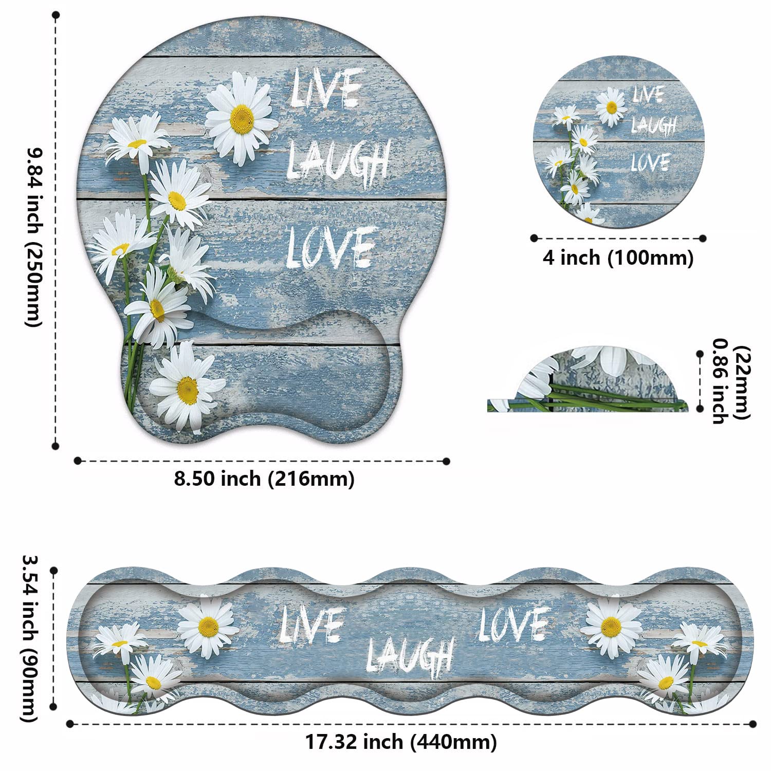 Keyboard Wrist Rest and Mouse Pad Wrist Support Set, Non-Slip Rubber PU Base for Home Office Working Studying Easy Typing & Pain Relief, Dreamy Daisy Vintage Wood Board Live Laugh Love