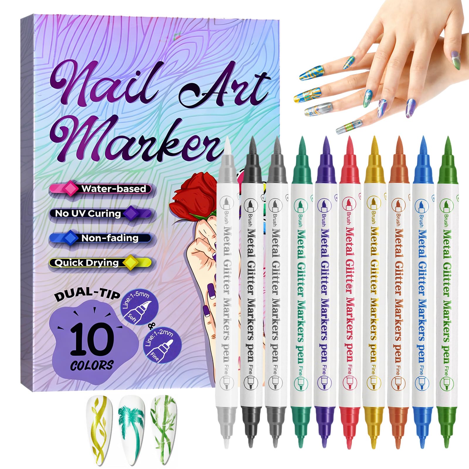 10 colori Penne Per Nail Art Punta, 3D Nail Art Pen, Adatto per il design di nail art fai-da-te, per dipingere e per l'artigianato