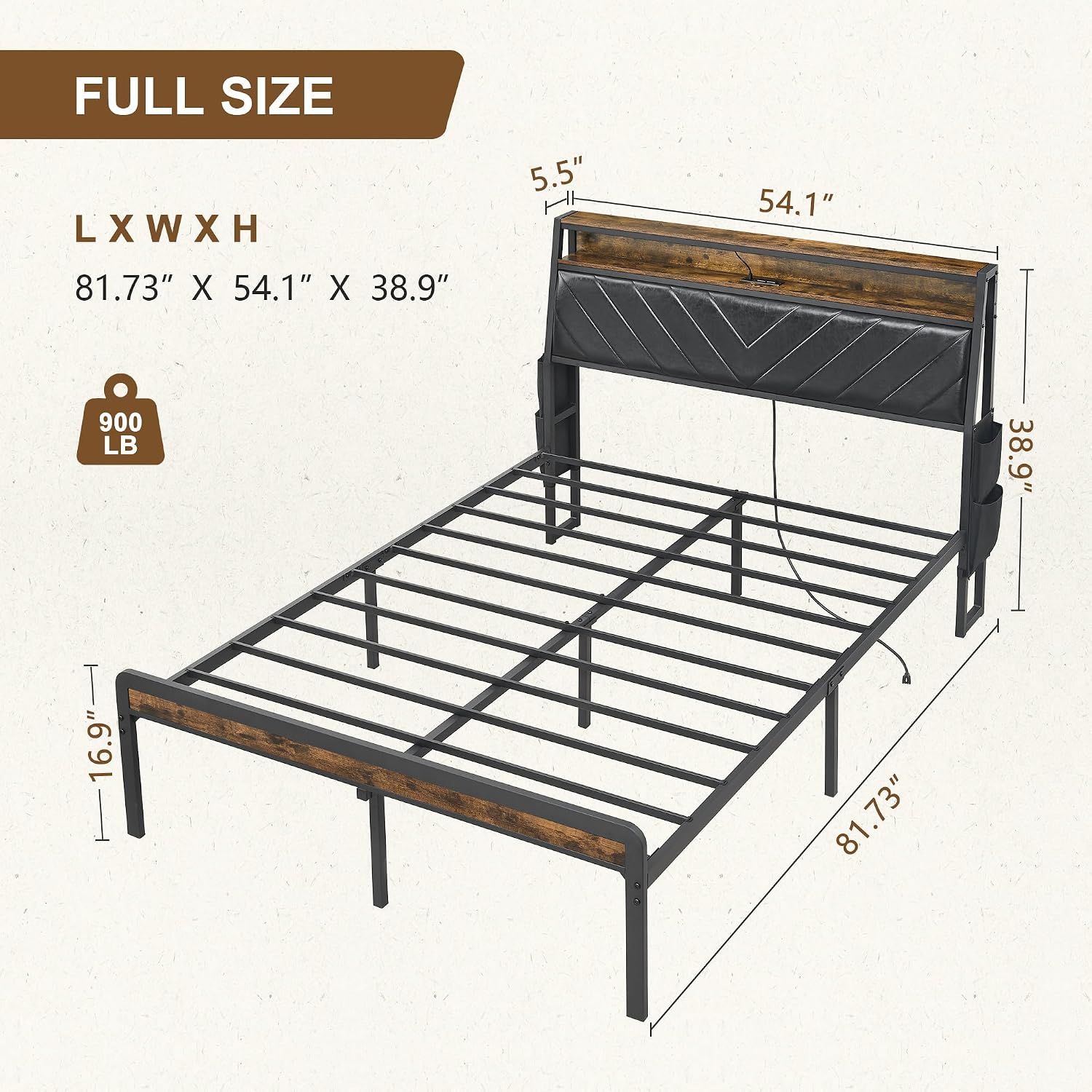 Weehom Full Size Bed Frame with 105-Degree Tilted Upholstered Headboard, Charging Station, LED Lights, Noiseless, Brown