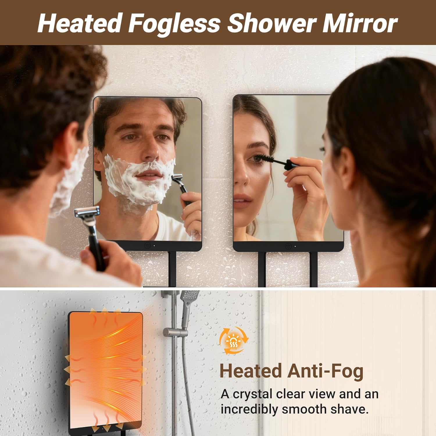 Heated Shower Mirror Fogless for Shaving，Fog Free Shaving Mirror for Shower with Razor Holder，360°Roating Shaving Mirror for Shower Fogless，5000mAh Long-Lasting Anti Fog Shower Mirror (Dark Brown）