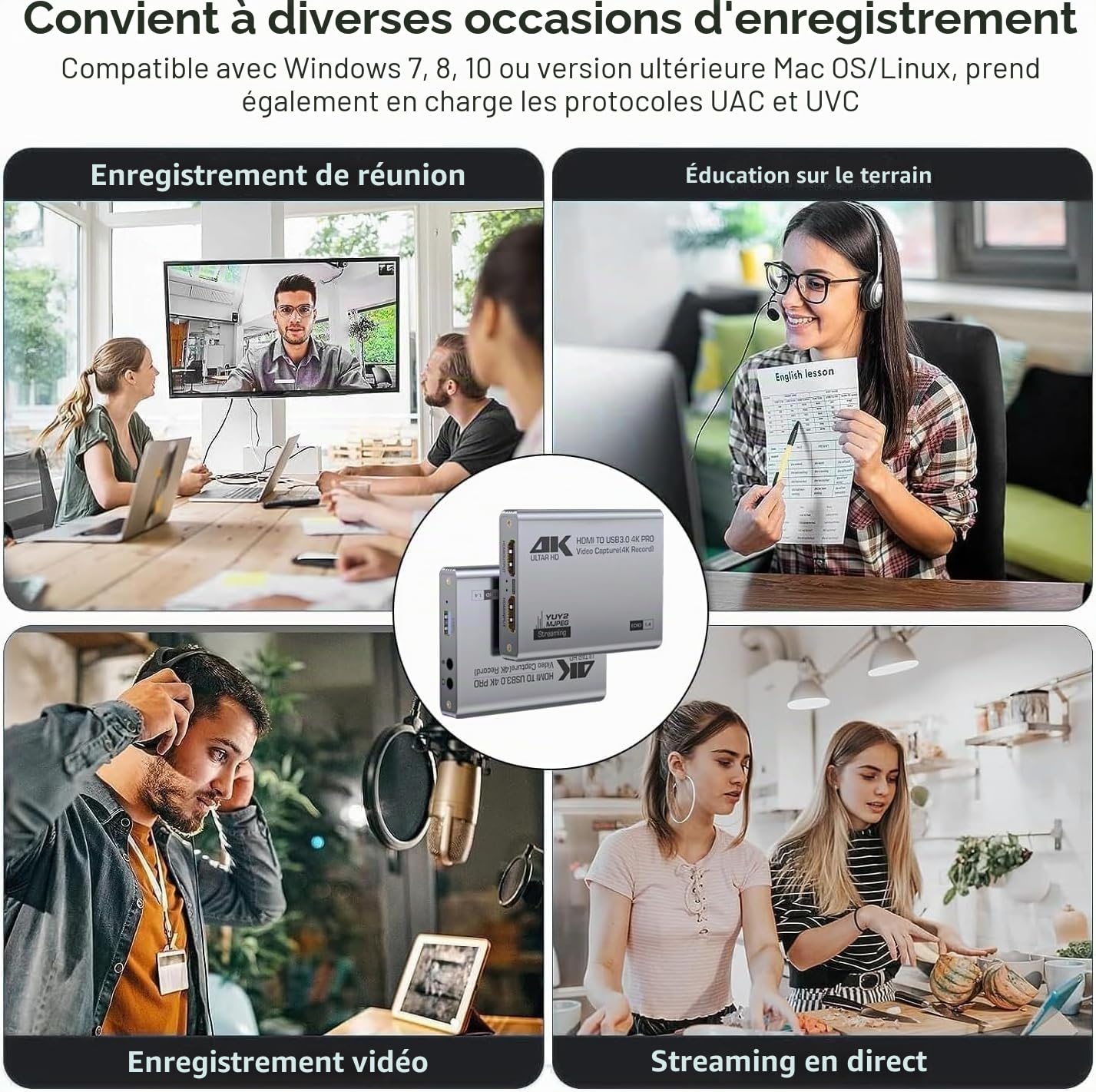 carte de capture vidéo HDMI 4K, audio et USB 3.0 4K HDMI Loop-Out, 1080P 60FPS/2K 30FPS Vidéo de Jeu pour Streaming Fonctionne pour PS5/Switch/Caméra/PC/OBS