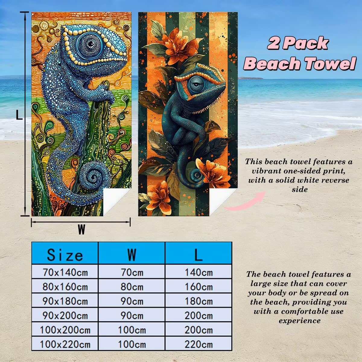 Ręcznik plażowy XXL, 90 x 180 cm, zestaw 2 sztuk, z mikrofibry, ręcznik plażowy kameleon, szybkoschnący, do sauny, fitness, bez piasku, ręcznik plażowy, duży ręcznik do sauny, prezent dla kobiet -3961