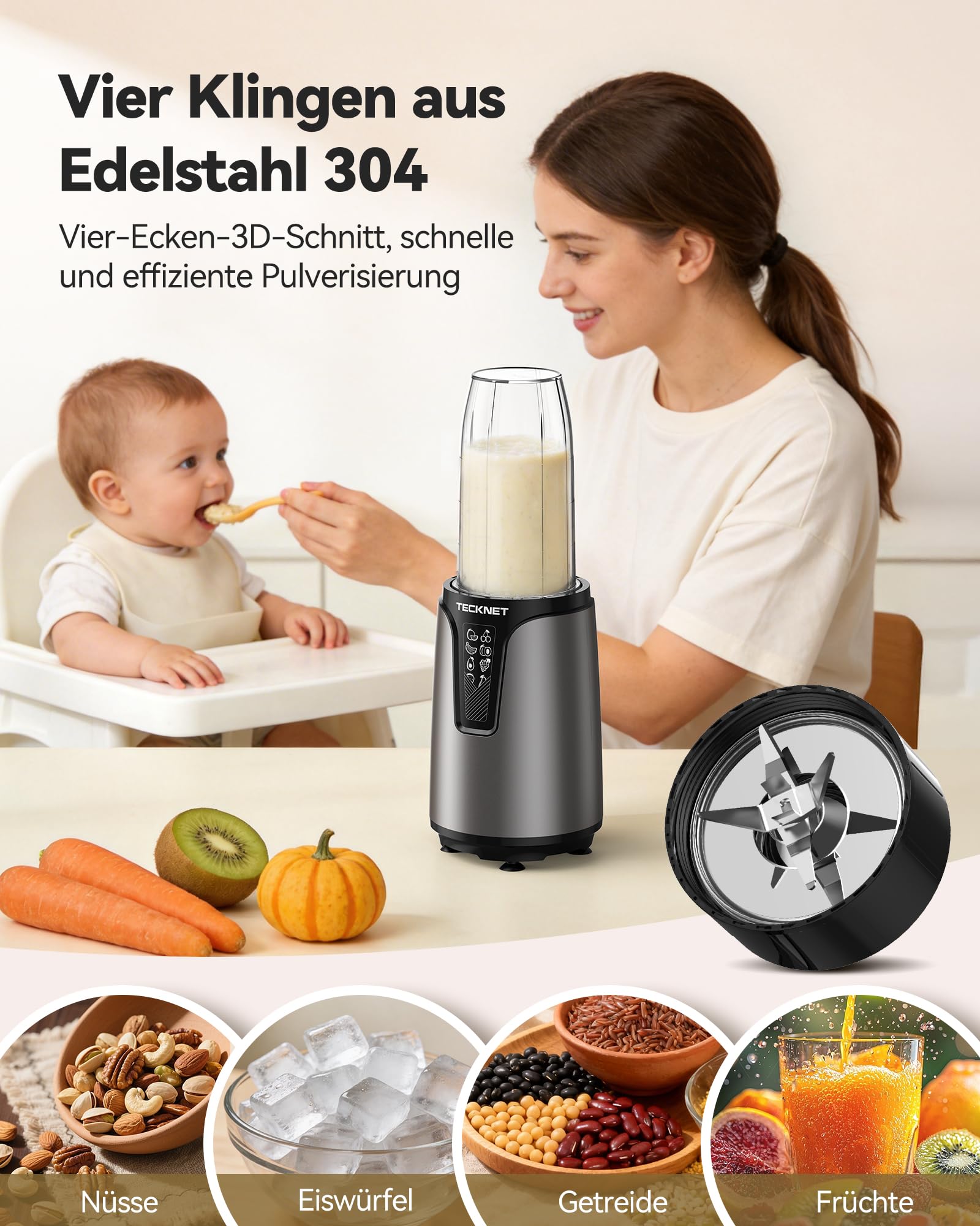 TECKNET 1000W Smoothie Maker, Standmixer mit 2 BPA-freie 600ml Tragbare Becher, Klein mit Kreuzklingen aus Edelstahl 304, Leicht zu Reinigen, Blender Elektrisch für Shake, Smoothie & Babynahrung