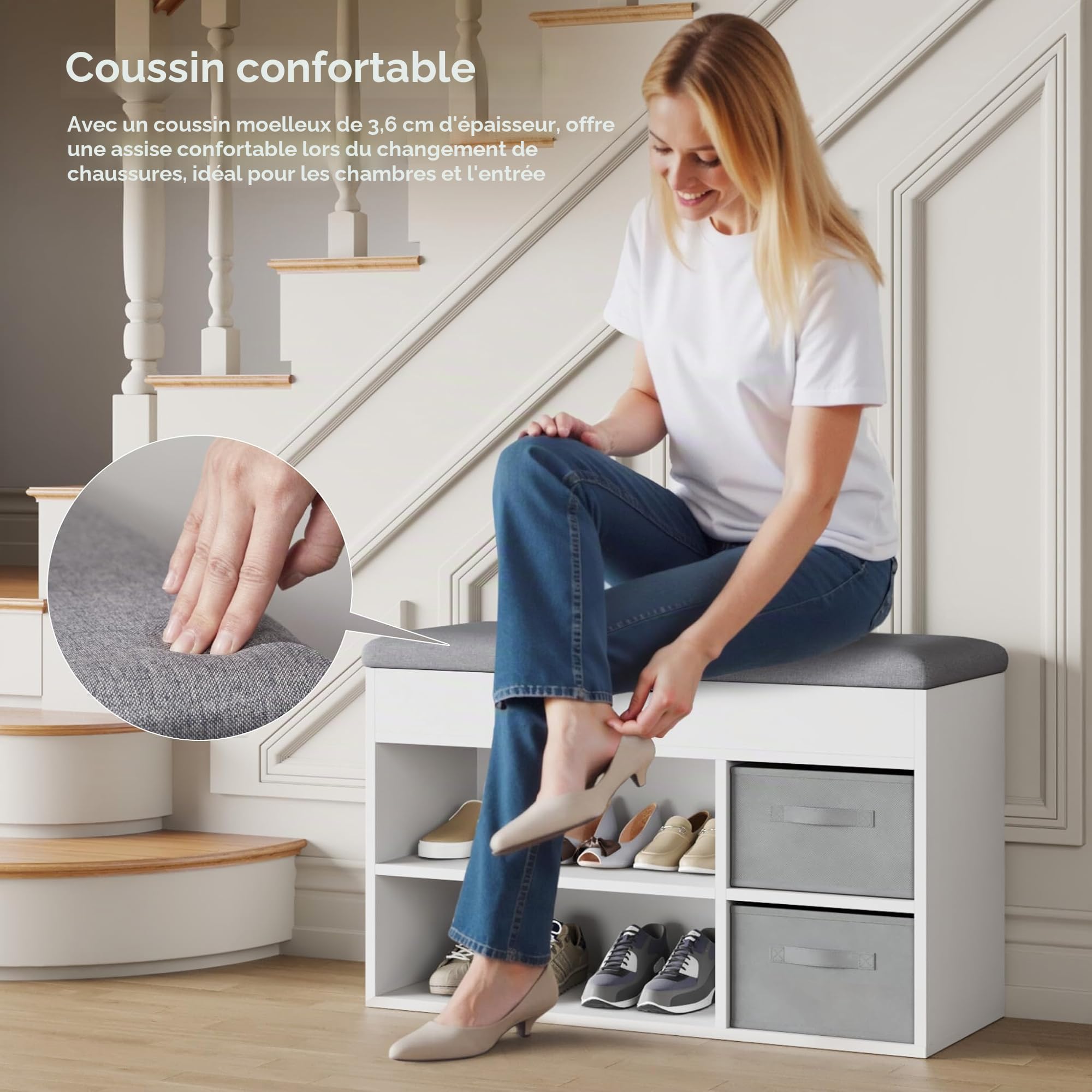 Mondeer Banc Chaussures entrée, 2 tiroirs + 3 casiers, Blanc | Assise rembourrée. 2 tiroirs en tissu, 3 casiers. Style campagnard. 80x48x30 cm. Idéal entrée, salon, chambre.