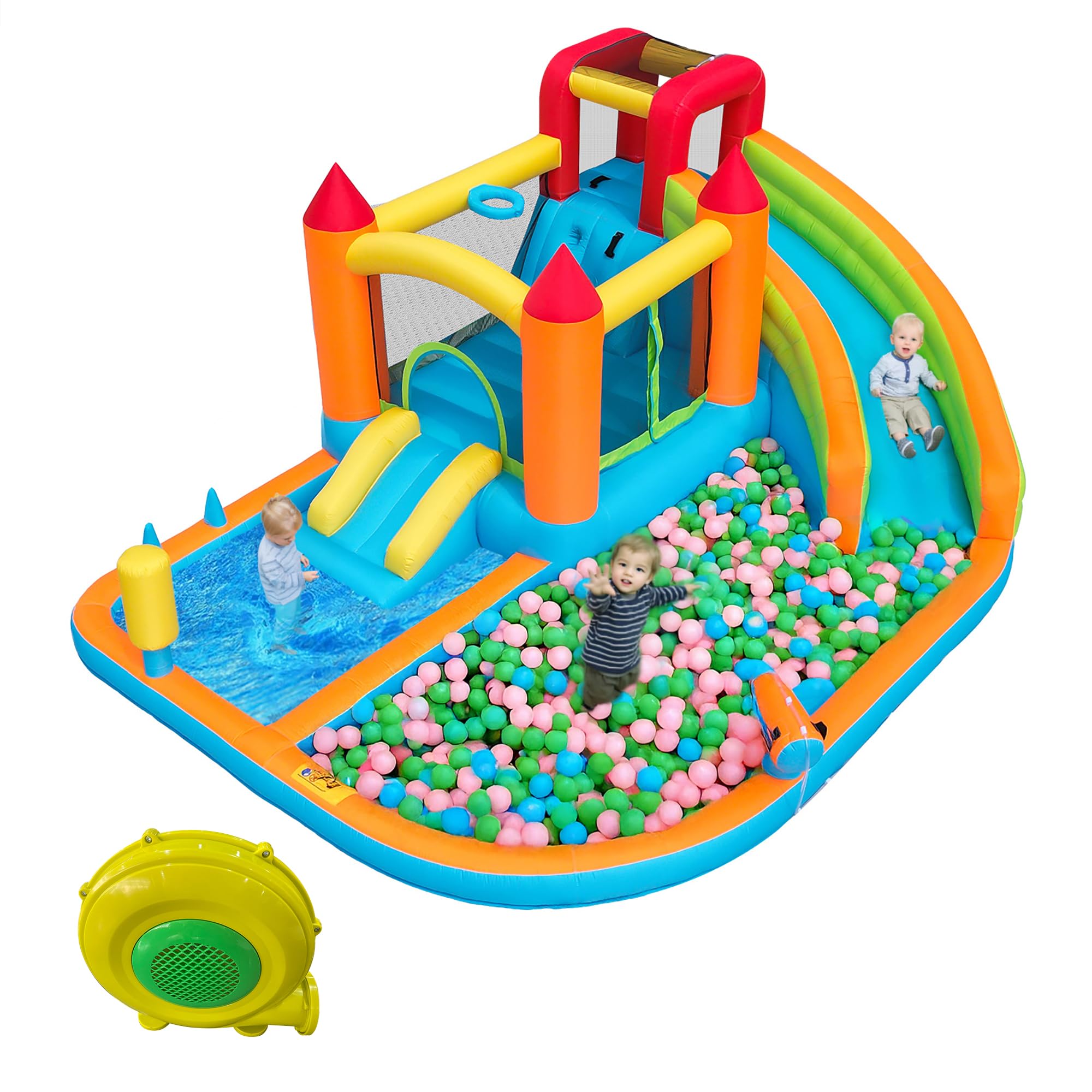 Castello Gonfiabile Multifunzionale da Esterno con soffiatore, Scivolo Acquatico + Trampolino + Canestro da basket+ Pistola Acqua, 2 aree Piscine, Scivolo Grande e Piccolo, Parco Acquatico per Bambini