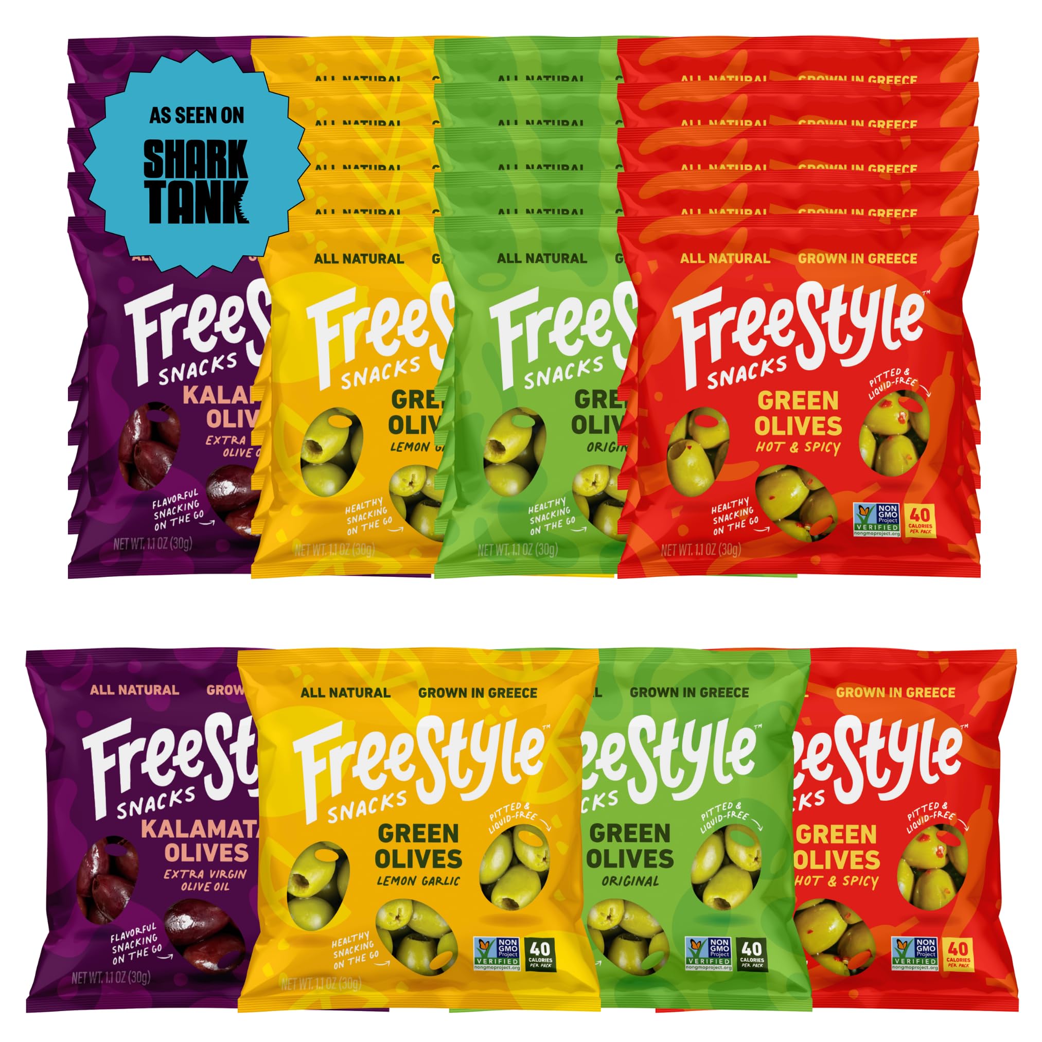 Freestyle Snacks Olive Snack Packs - 24 Pack Variety - Original Green, Hot & Spicy, Lemon Garlic, and Kalamata - Grown in Greece, All Natural, Non-GMO, Paleo, Sugar-Free, Keto Snack, 1.1oz (24 Pack)