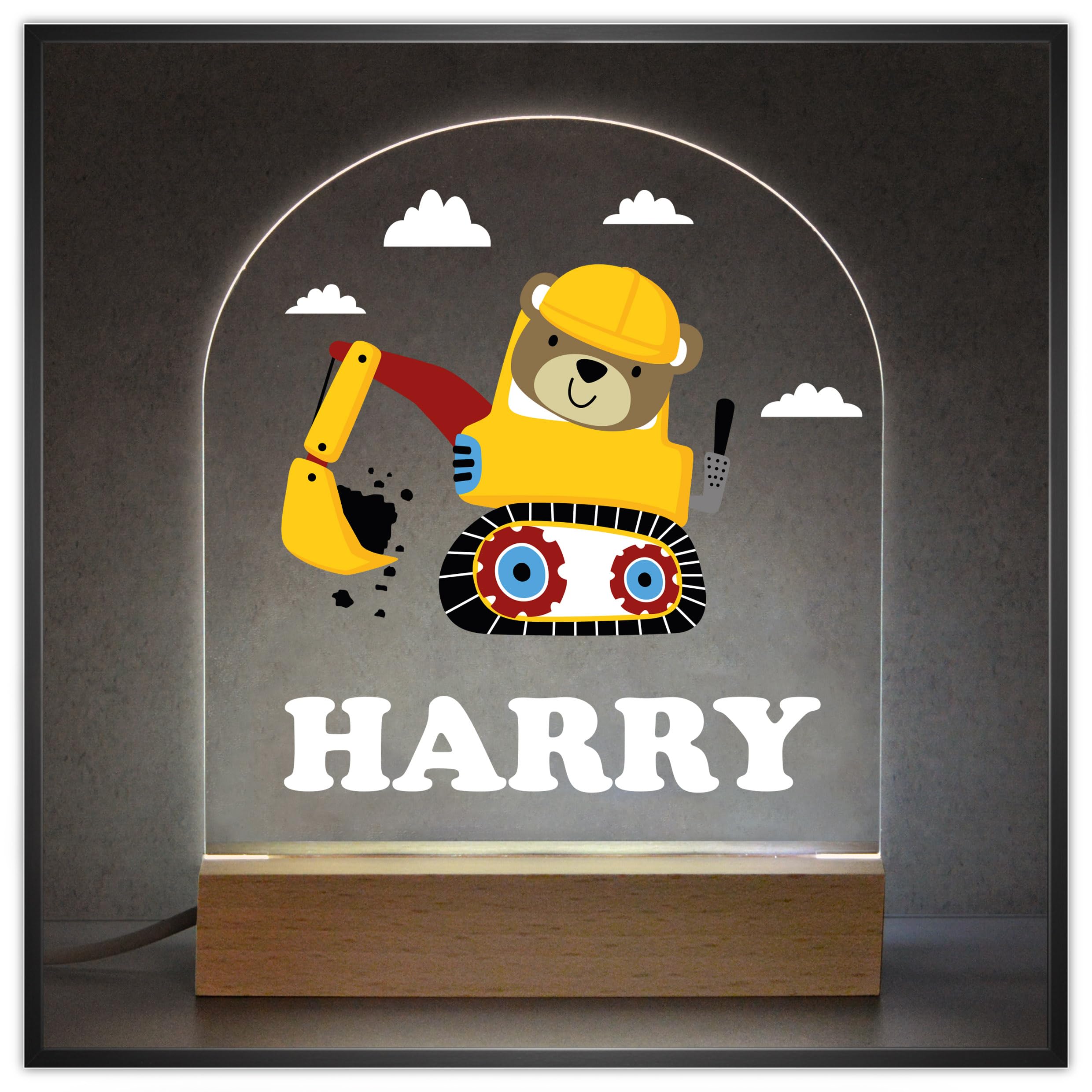 Construction Digger Boys Bedroom Night Light with Childs Name, Personalised LED Night Light For Boys, Teddy Bear Theme Nursery Decor, Boys Sleep Light Lamp