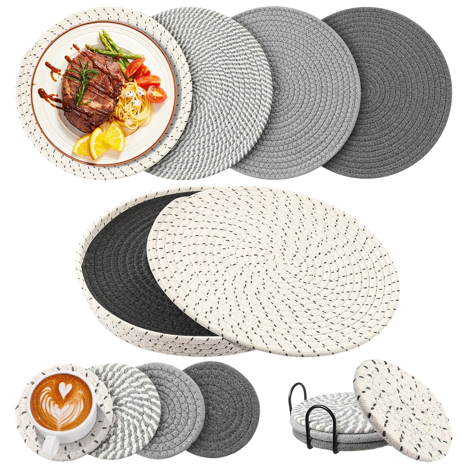 8 Pcs Boho Round Woven Placemats Set of 4/6/8, 11.8" Woven Cotton Rope Round Placemats with Basket, 4.3" Drink Coasters with Holder, Nonslip and Heat Resistant Place Mats for Table Decor (Grey Series)