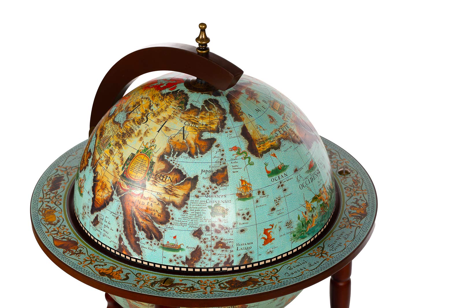 Élégant Chariot de Bar 36001 Bleu avec piliers en Bois d'eucalyptus Massif, Ouvert, 103 cm de Haut et 47 cm de Large, Globe terrestre