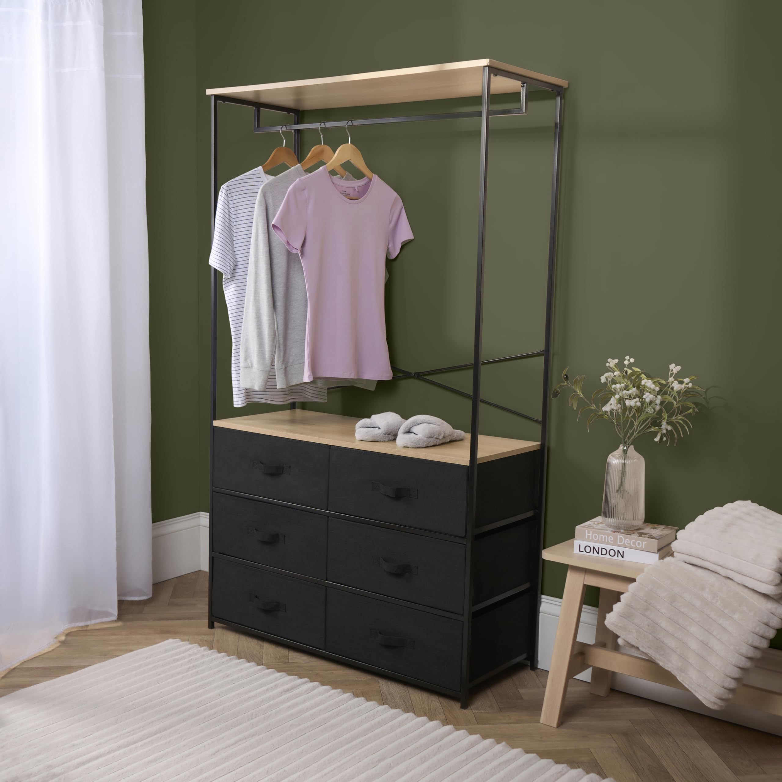 OHS Brooklyn 6 Chest of Drawers Fabric Cabinet with Hanging Rail, Storage Unit Organizer Stylish Sturdy Frame 6 Canvas Drawers For Bedroom Closets Office, Black — image 1