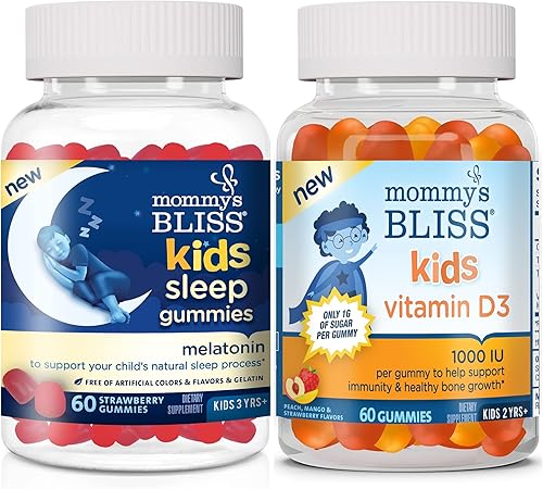 Mommys Bliss Gomitas de melatonina para niños paquete de 1 y gomitas de vitamina D3 para niños paquete de 1 60 gomitas cada una apoyan la inmunidad