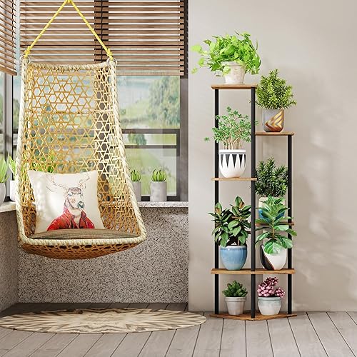 Miniatura 2 de Soporte alto para plantas de interior, estante moderno de 6 niveles para múltiples plantas, soporte de flores de metal de madera para sala de estar,