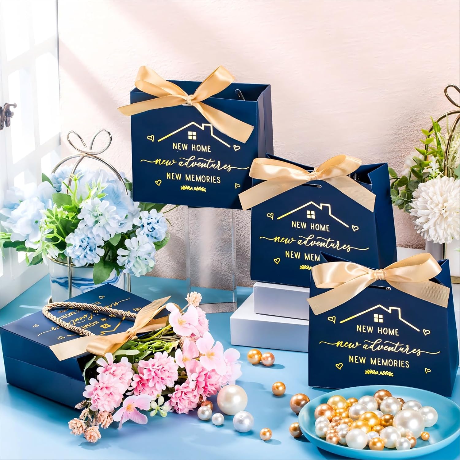 Spakon 25 Pcs Small Housewarming Gift Bags New Home Wrapping Real Estate Agent Gifts Bags with Golden Ribbon Bow and Handles for Clients Friends New Adventure Sweet Present Supplies (Navy Blue)