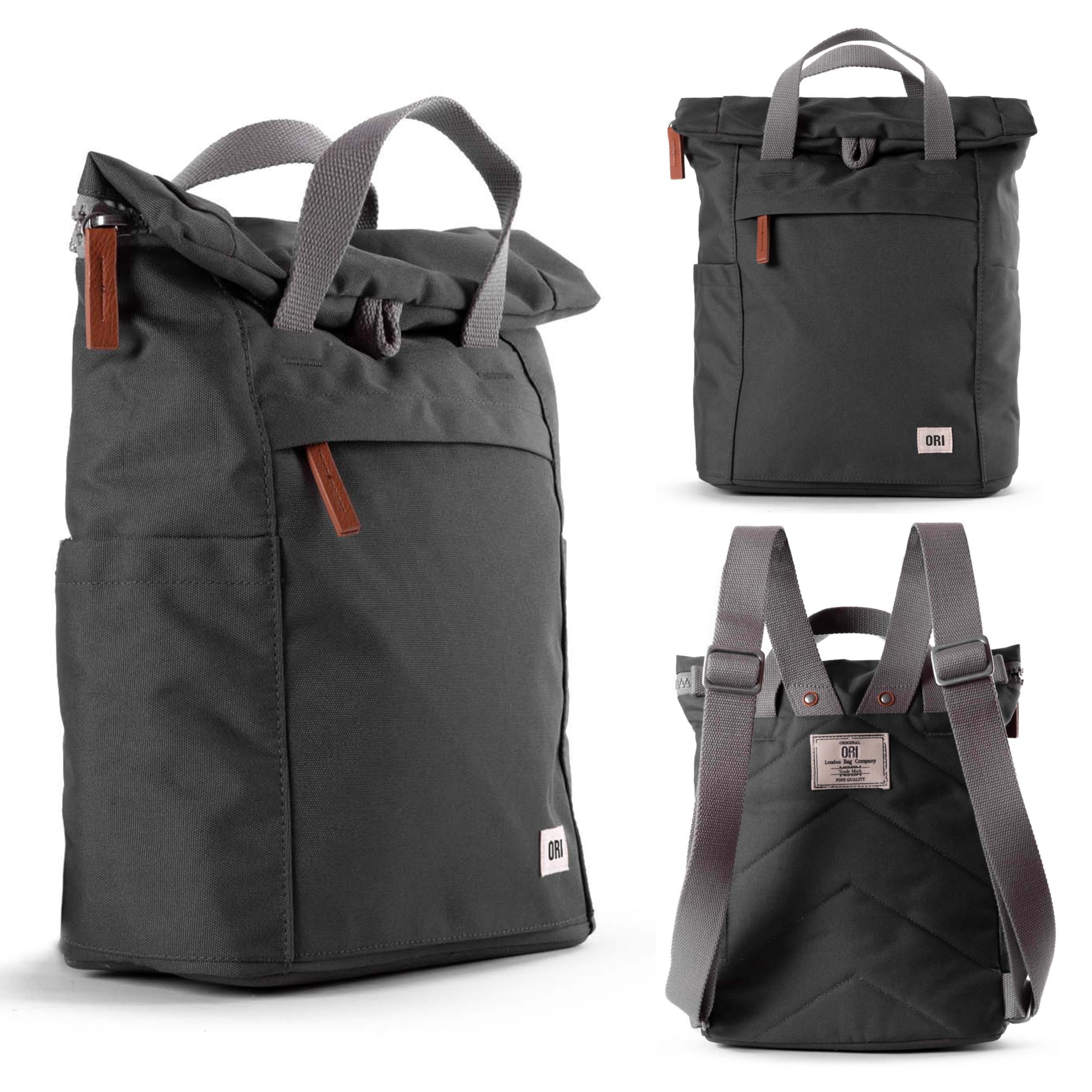 ORI LONDON Travel Backpack - Small Water-Resistant Nylon Rolltop Laptop Backpack for Men & Women - The Finchley - Carbon