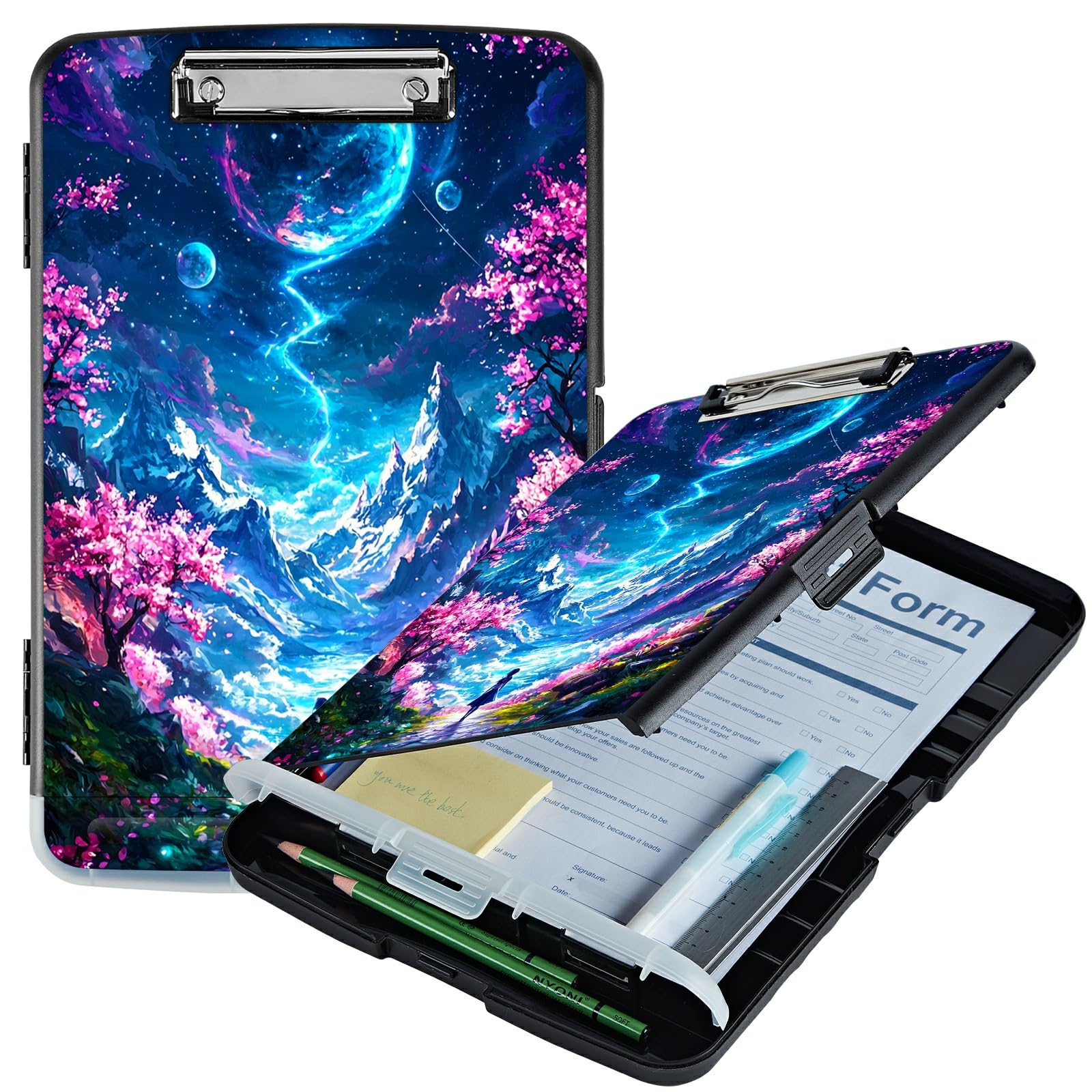 RWUTYTIUL Moon Pink Tree A4 Clipboard with Storage Pen Holder, Clipboards Organizer Nursing Clipboard Foldable File Folder Plastic Clipboard Folio Clip Board for Office Students Classroom Doctor — image 1