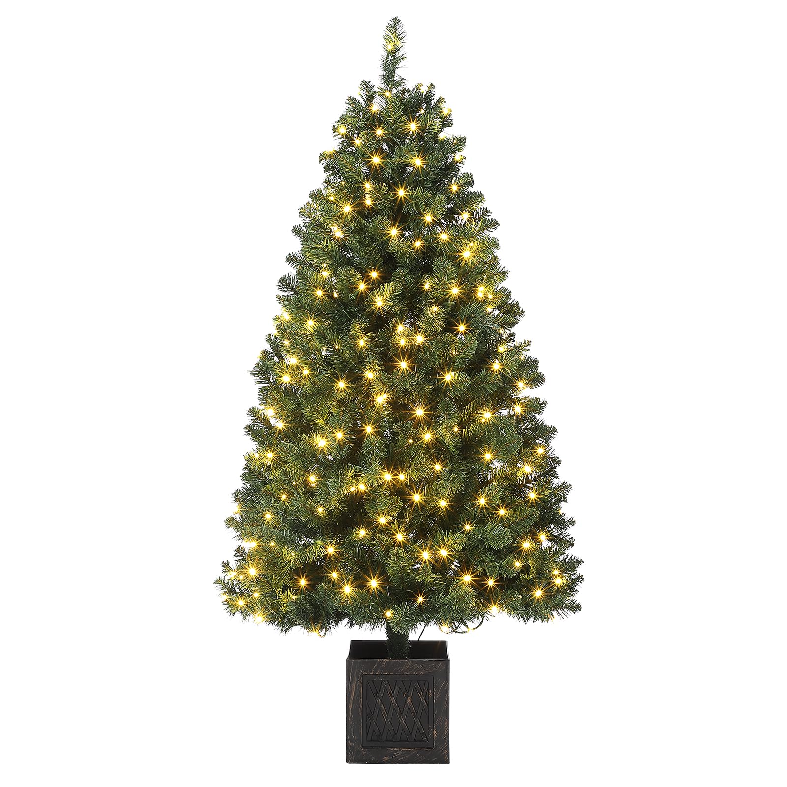 IDEALHOUSE Vorbeleuchteter künstlicher Weihnachtsbaum 145 cm - 300 warmweiße LEDs, 8 Modi & Timer, Metallgestell, Vintage-Bambustopf, Indoor - 8 Modes, Bamboo Pot, 300 warm White LFD lamp, European