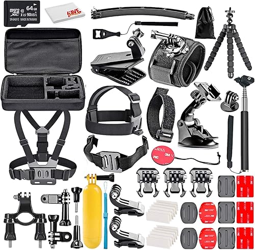 Kit de accesorios para cámara de acción 50 en 1 con tarjeta micro SD de 64 GB + paño de limpieza de microfibra, compatible con GoPro Hero 8, 7, 6,