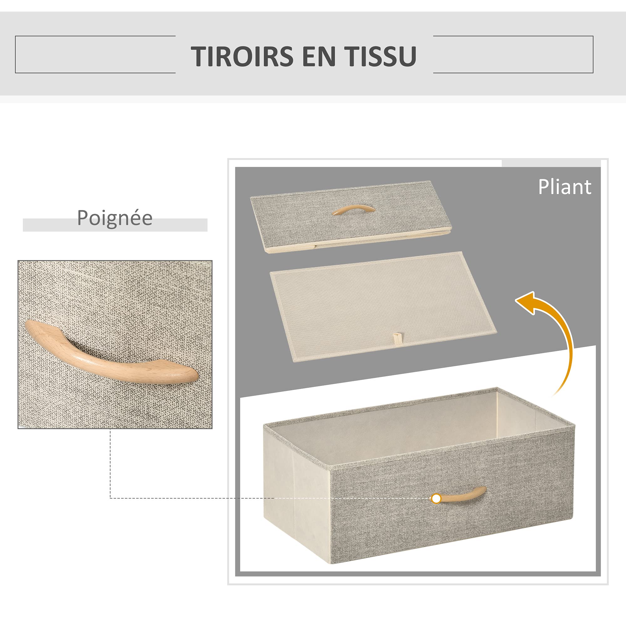 HOMCOM Commode Chambre Meuble de Rangement 4 Tiroirs Tissu Gris Clair | Pliables et Amovibles, Étagères Ouvertes, Cadre en Métal, Chiffonnier, pour Salon, Chambre, Entrée