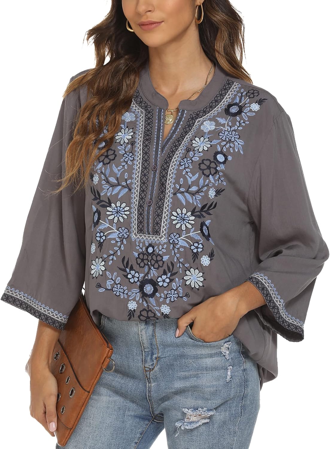 Traditional Mexican Embroidered Peasant Tops for Women, Plus Size Vintage Floral Tunic Shirts, Flowers Embroidery Blouses - Image 4