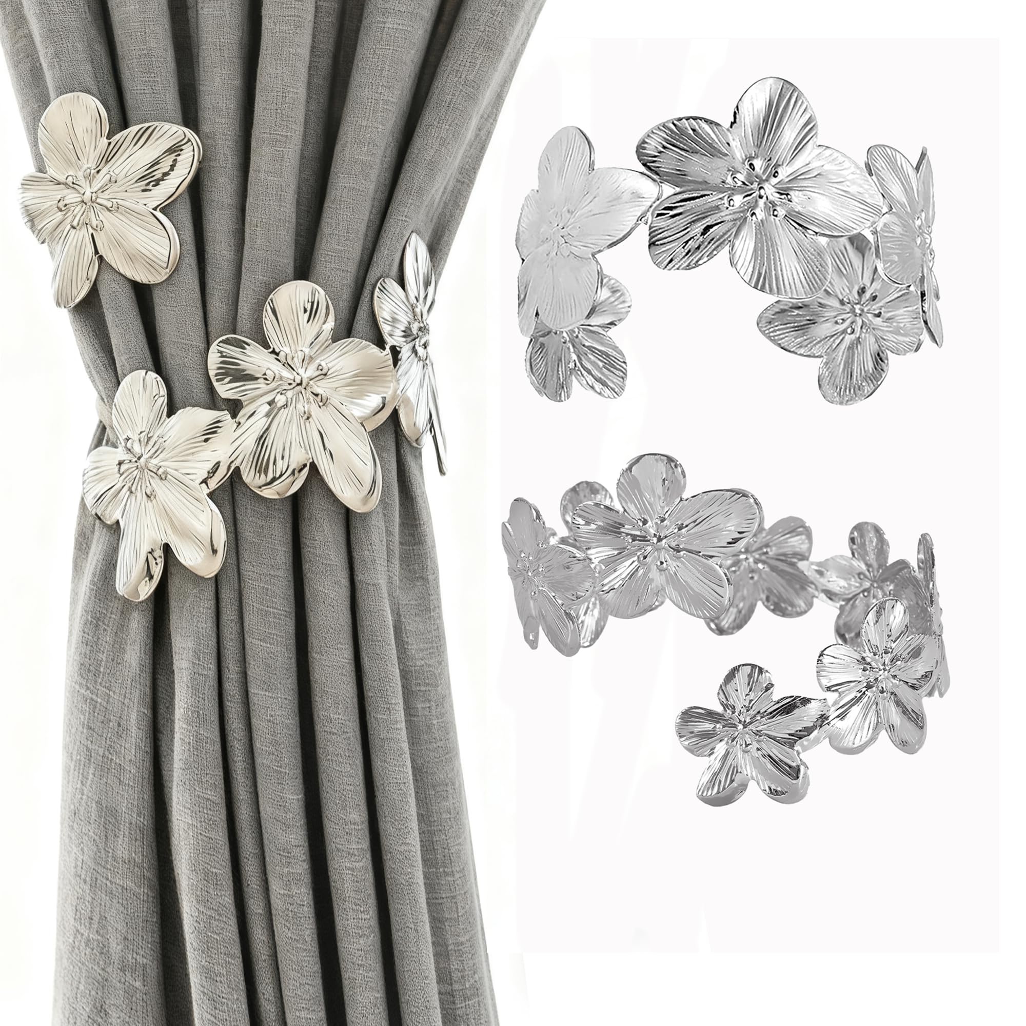 Curtain Tie Backs, Floral Curtain Holdbacks, Metal Curtain Clips MINWEGI Modern Aesthetic Design for Living Room & Bedroom, Set of 2 Silver Leaf Style