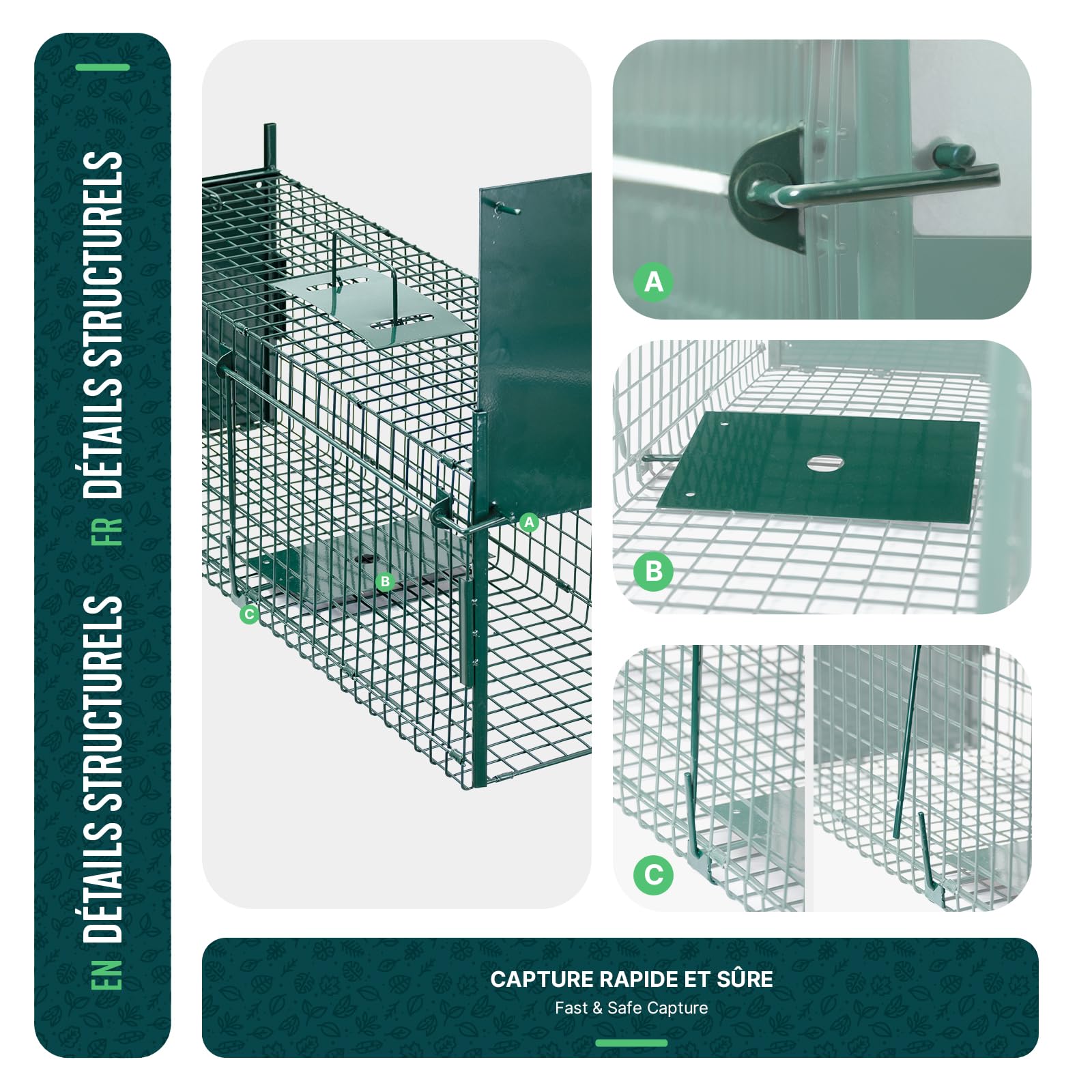 Piège à Animaux Vivants 80x26x34cm Cage de Capture sans Cruauté Réutilisable pour Rats Fouines Lapins Renard Vert