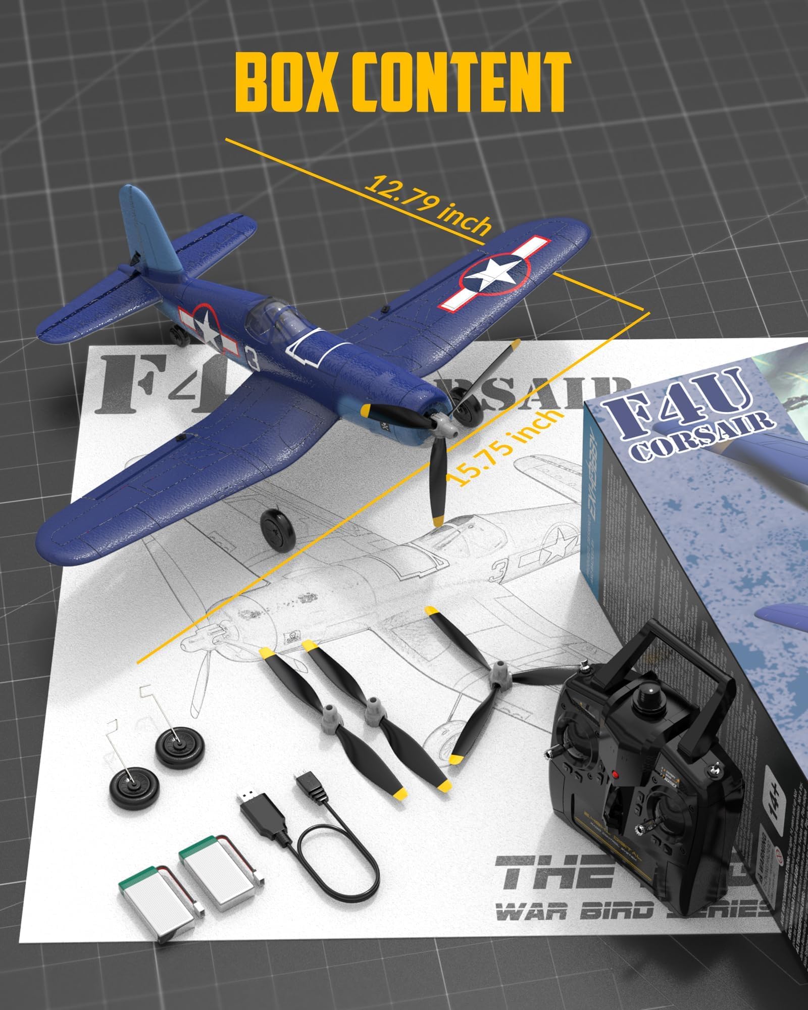 volantexrc Aereo radiocomandato per principianti, 4CH F4U RTF con 2 batterie e stabilizzazione Xpilot, aerobatico a chiave singola, 2,4 Ghz WWII RC aereo per adulti (76108)