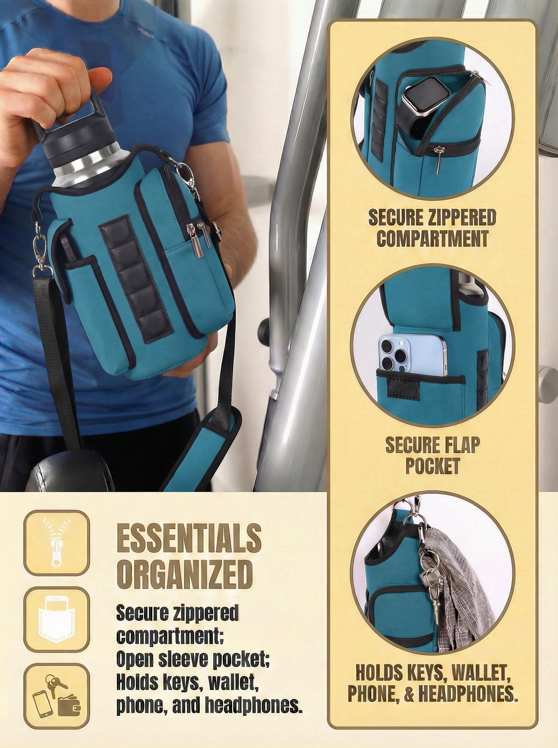 AUPET Magnetischer Turnbeutel für Damen und Herren, kleiner Turnbeutelorganizer, Crossbody-Magnete, Wasserflaschenhalter, passend für 530 - 1134 ml Owala Yeti Hydro Flask, Workout-Tasche für Handy