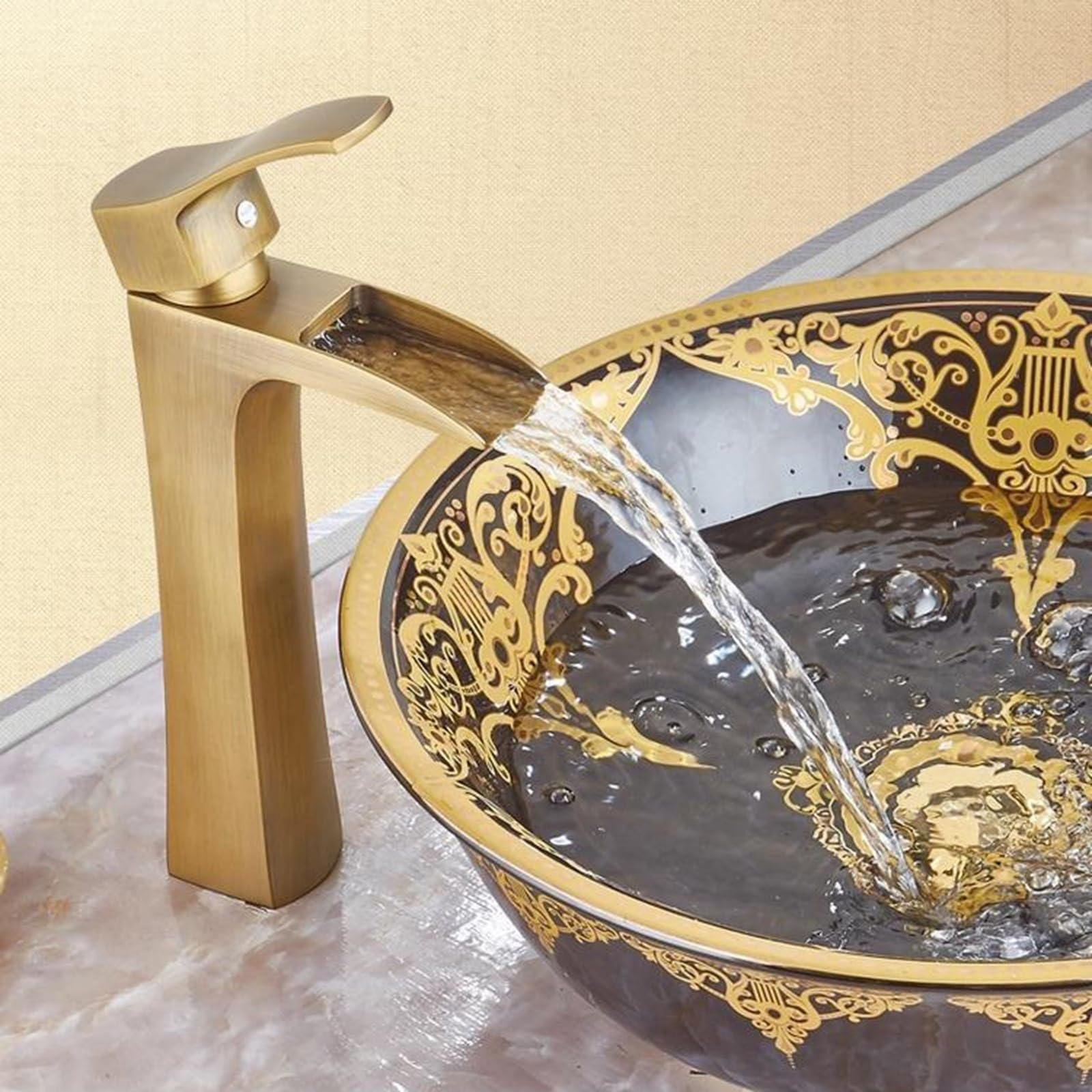 HCFYAUIS Antique Brass Tap Waterfall G1/2 Tall Mixer Taps for Bathroom Basin Vintage Tall Bathroom Tap,Antique,high