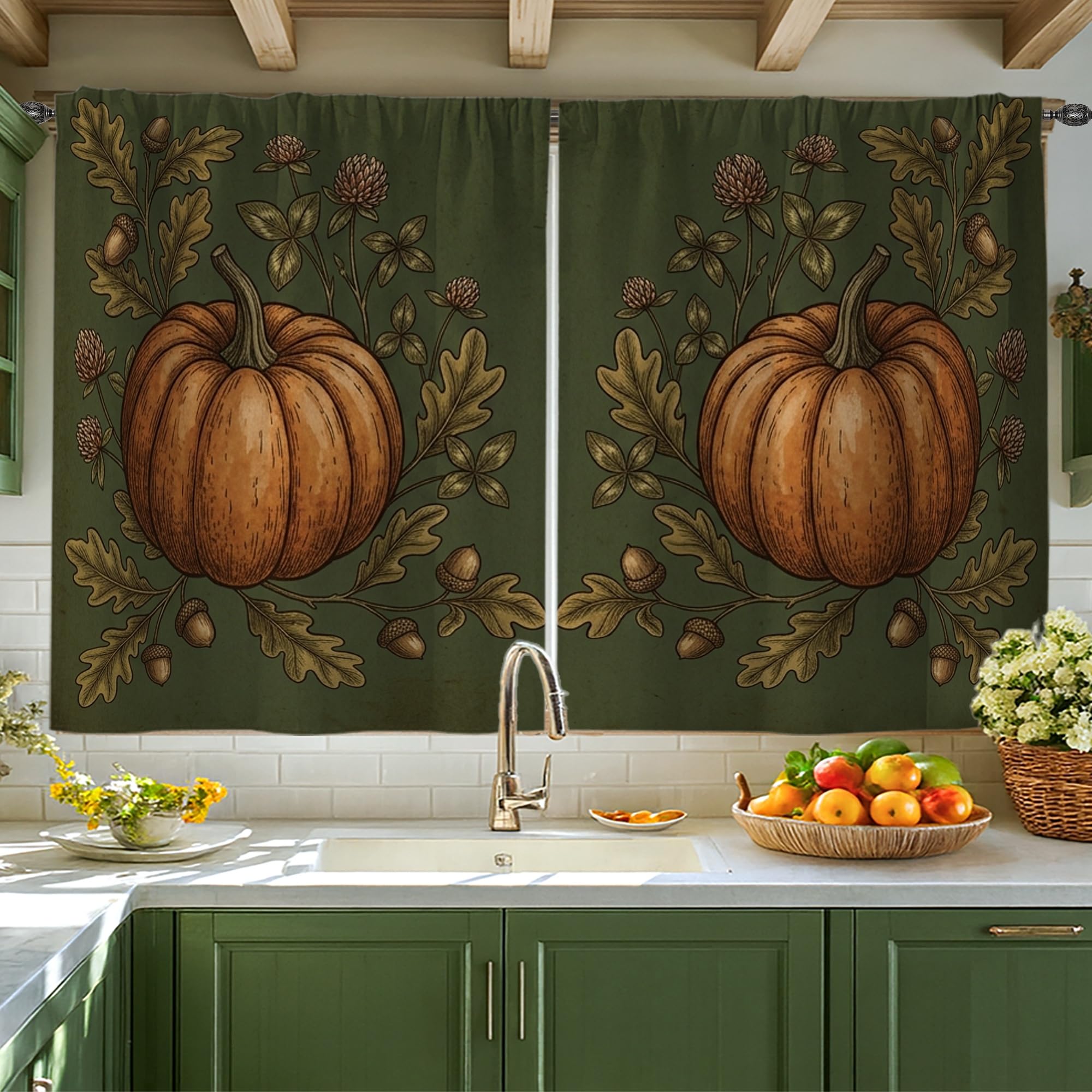 Rideaux rustiques citrouilles et glands 106x114 cm pour fenêtre de buanderie