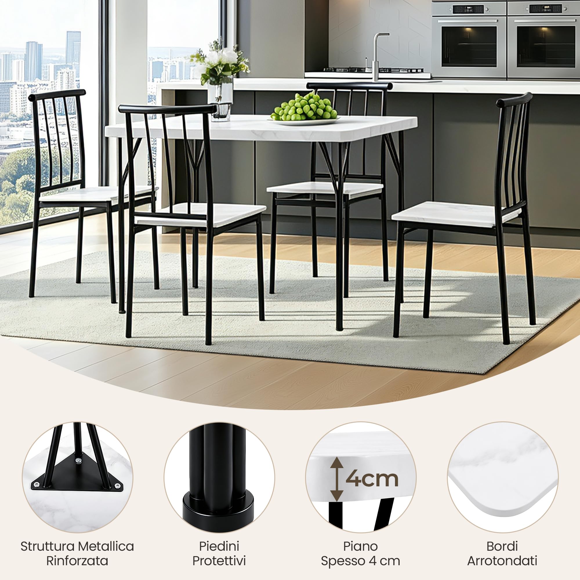 Yaheetech Tavolo da Pranzo con 4 Sedie Industriale Set 5 Pezzi Mobili da Bar Cucina Soggiorno Retro Salvaspazio in Legno e Metallo Marrone Tavolo 110x70x76.5cm Piano Spesso 4cm Bianco/Nero