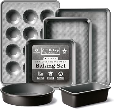 طقم أدوات خبز غير لاصقة قابلة للتكديس من Country Kitchen - طقم خبز متين وسهل الفك، أسود، 6 قطع
