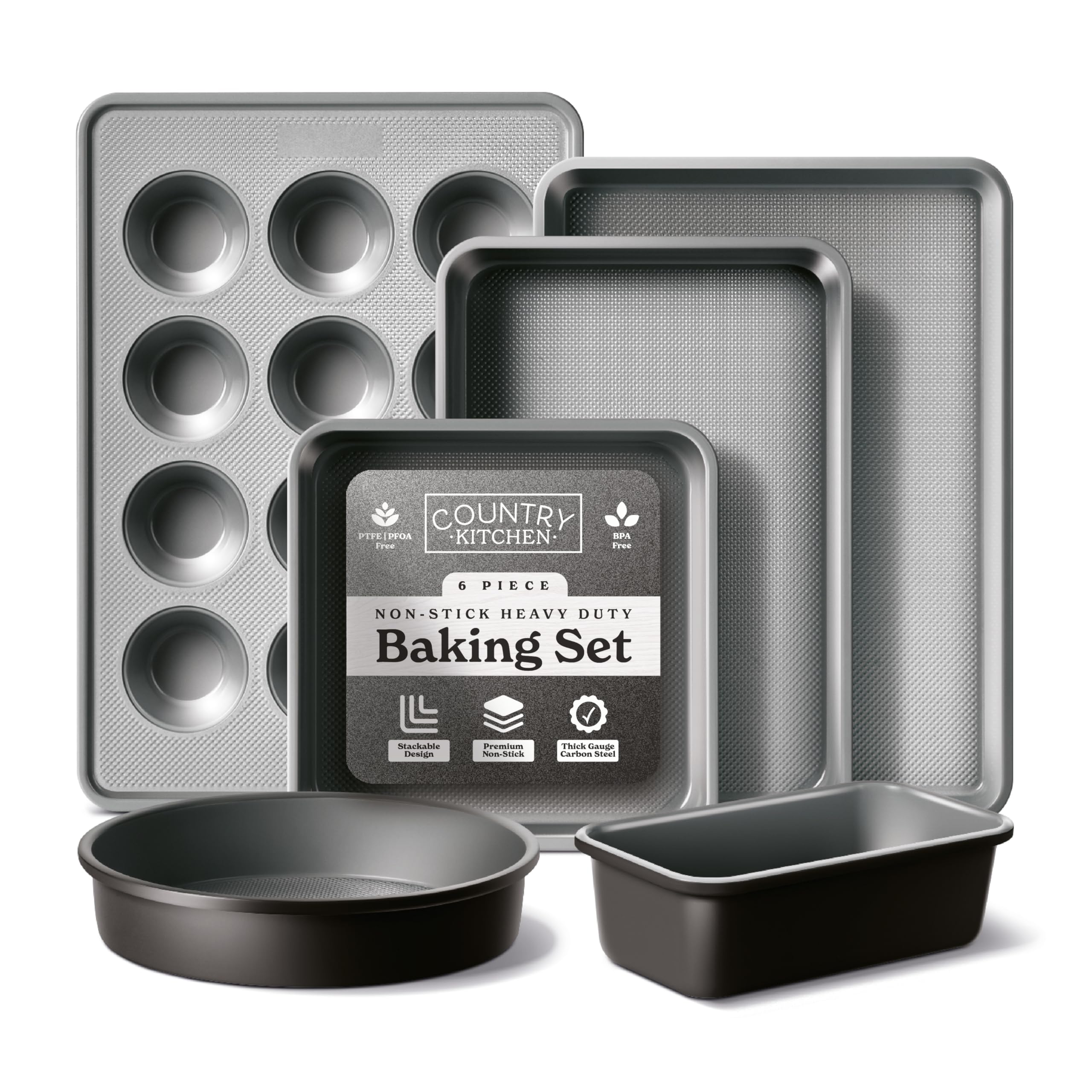 Country Kitchen Nonstick Stackable Bakeware Set - Durable, Easy Release Baking Set, Black, 6 Pcs