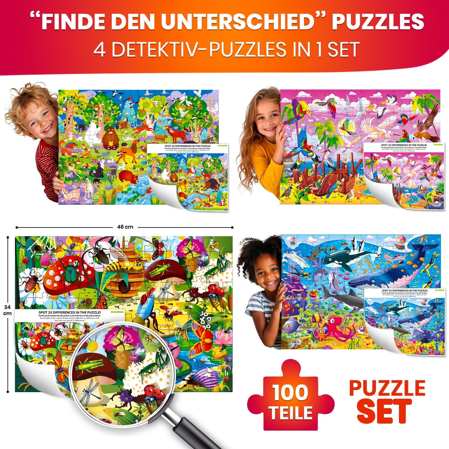 Puzzle ab 4 5 6 Jahre - 4 Set Puzzle 100 Teile von Quokka - Kinder Spiele ab 5-6 Jahre von Insekten Meeres- und Waldtieren – Geschenk für Jungen und Mädchen 7 8