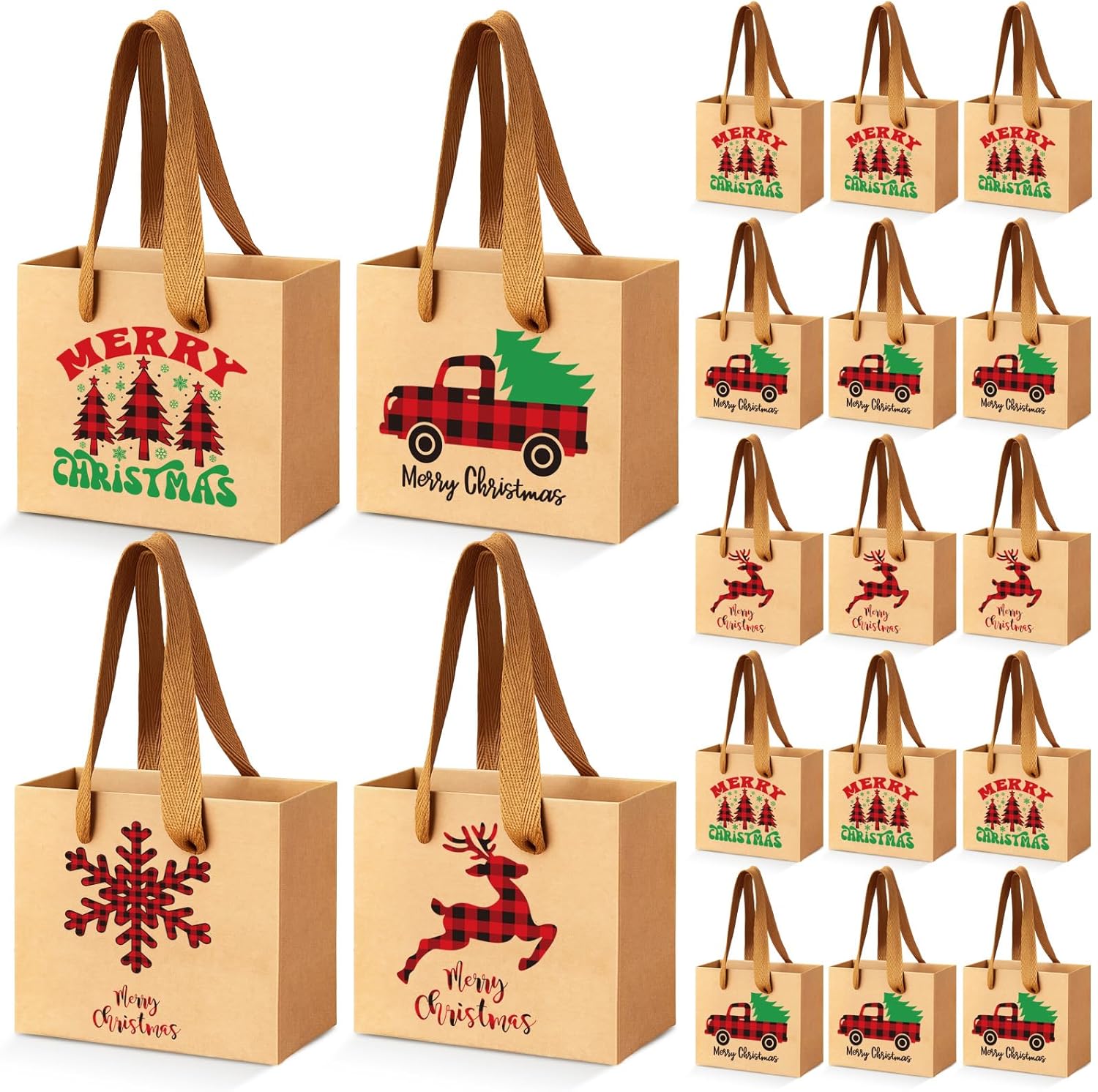 Tenceur 48 Pcs Mini Christmas Kraft Gift Bags with Handle Small Xmas Paper Treat Bags with Snowflake Xmas Tree Plaid Reindeer Car Patterns for Merry Christmas Holiday Party Favor Supplies
